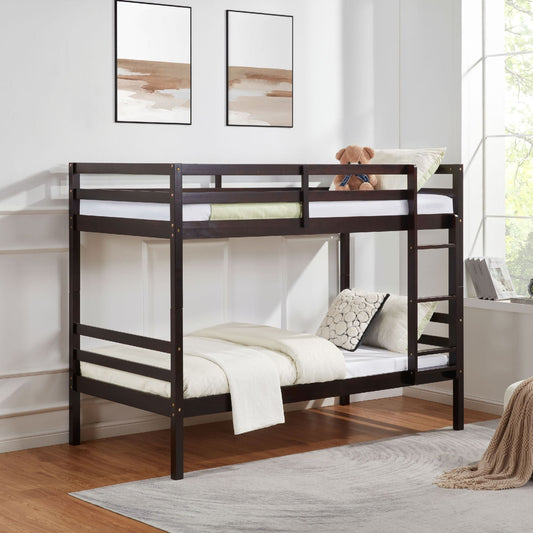 Twin over Twin Bunk Bed with Ladder,Wooden Bunk Bed with High Guardrail and Ladder for Kids, Teens, Dorm Rooms, and Guest Rooms,No Box Spring Needed,Espresso
