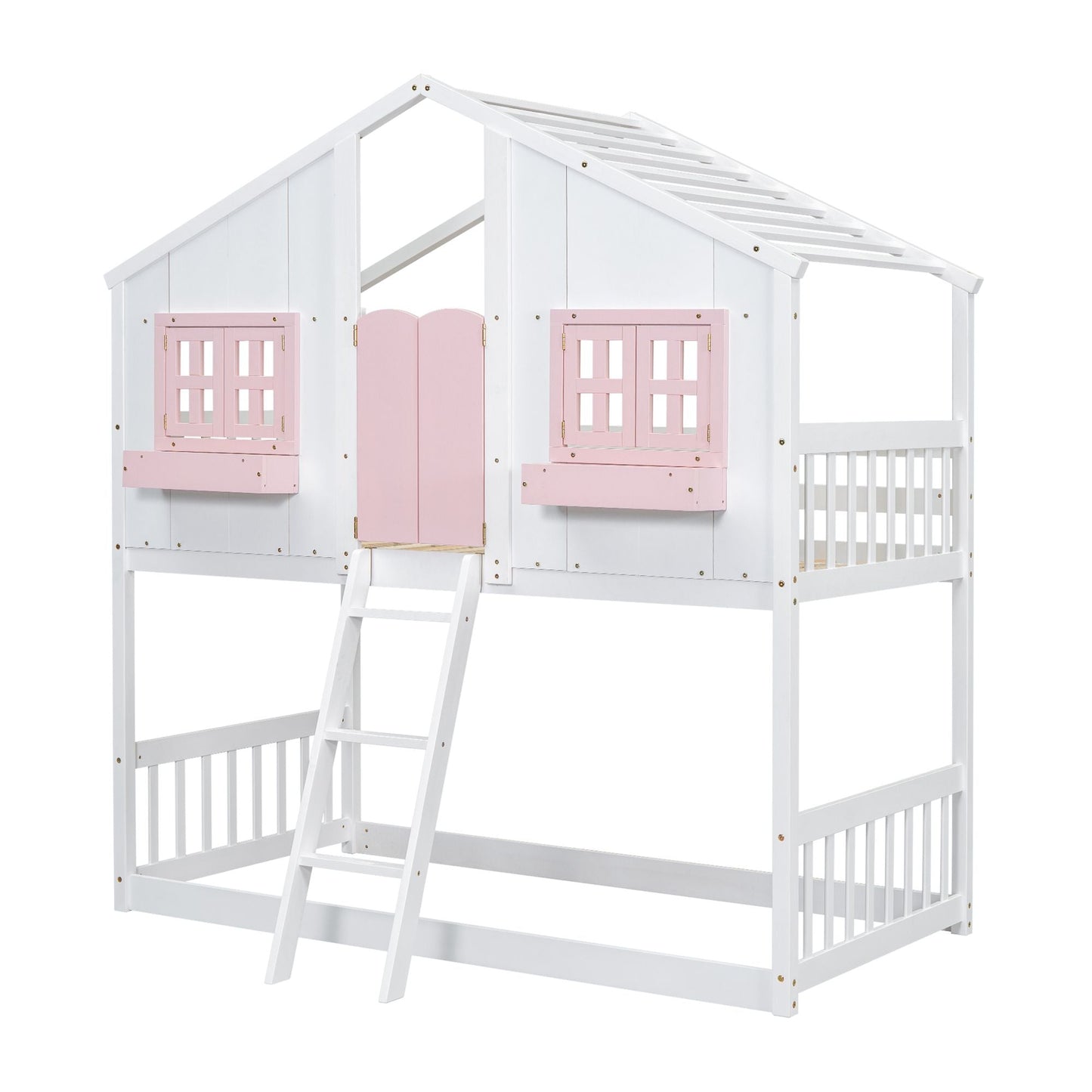 House-Style Twin Over Twin Wood Bunk Bed with Roof, Window, Door, and Ladder, Multiple Colors | Just Better Bunk Beds
