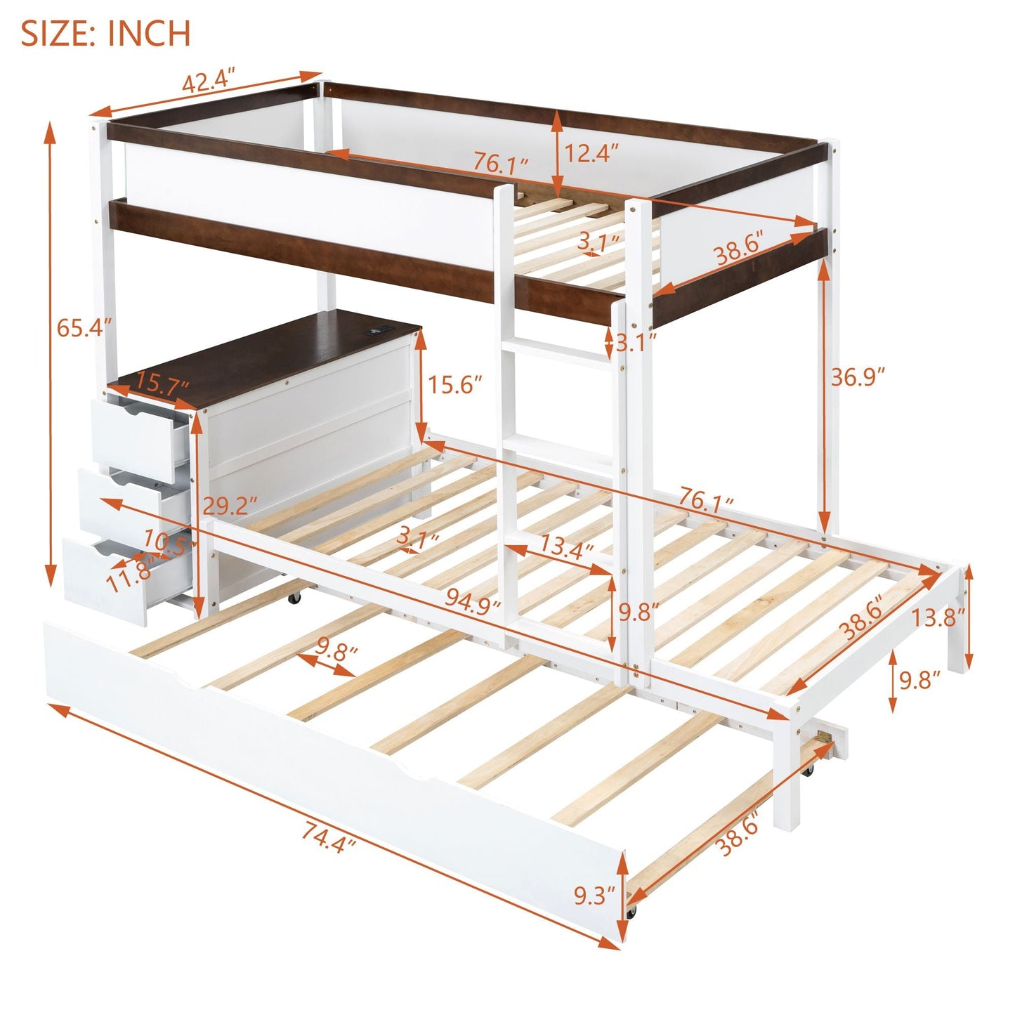 Multi-Functional Twin Over Twin Wood Bunk Bed with Trundle, Storage and Desk, White Walnut | Just Better Bunk Beds