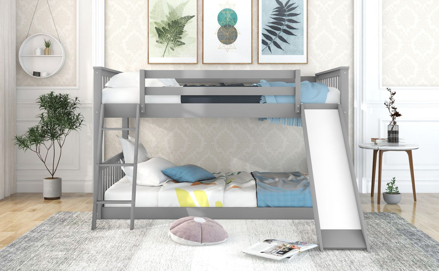 Fun Convertible Slide Full Over Full Wood Bunk Bed, Gray | Just Better Bunk Beds