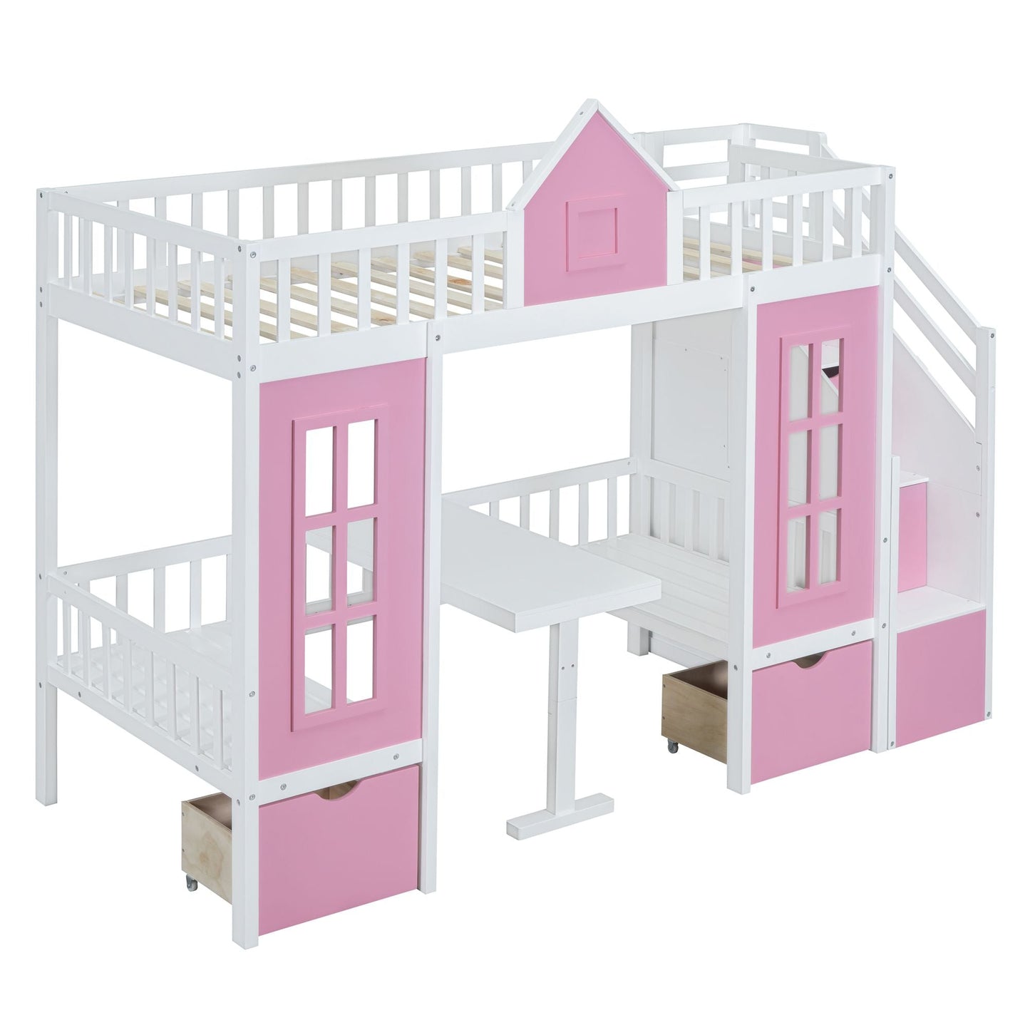Kids Bedroom Twin Over Twin Wood Bunk Bed with Changeable Table and Desk, Pink | Just Better Bunk Beds