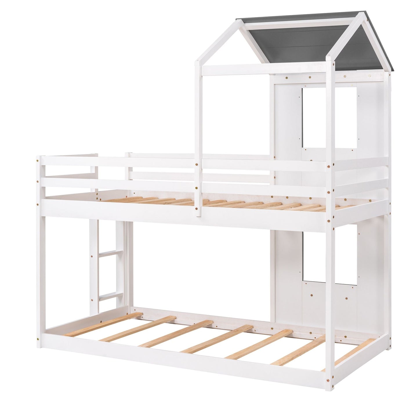 Kids Bedroom Twin Over Twin Wood Bunk Bed with Roof, Window, Guardrail, Ladder, White | Just Better Bunk Beds