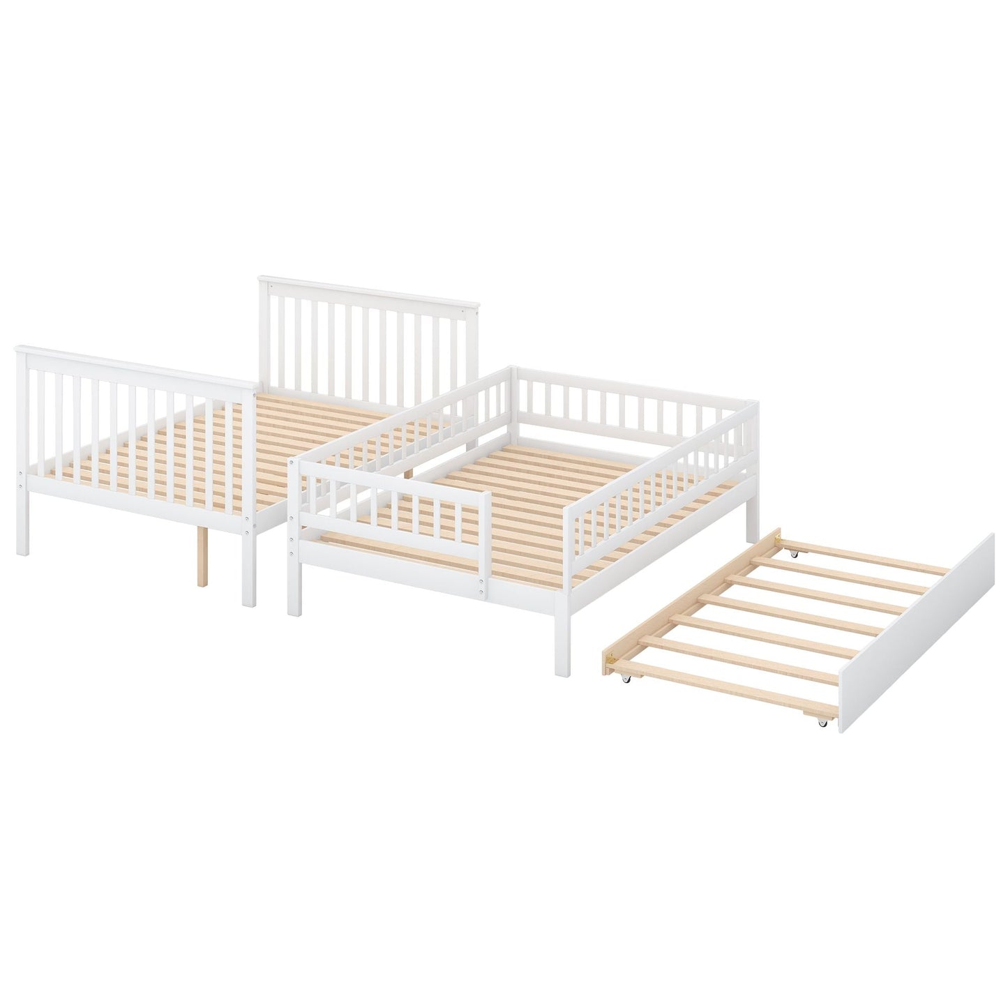 Space-Saving Full Over Full Wood Bunk Bed with Trundle and Staircase, Gray and White | Just Better Bunk Beds