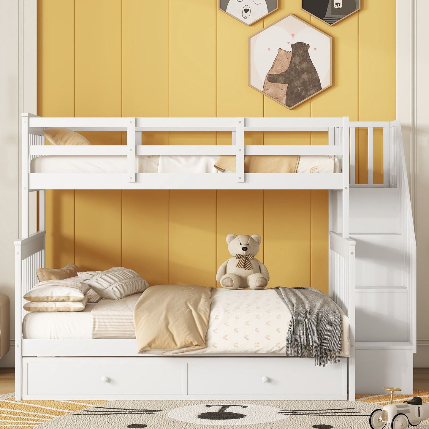 Staircase Storage Twin Over Full Wood Bunk Bed with Trundle, Storage, and Guard Rail, White | Just Better Bunk Beds
