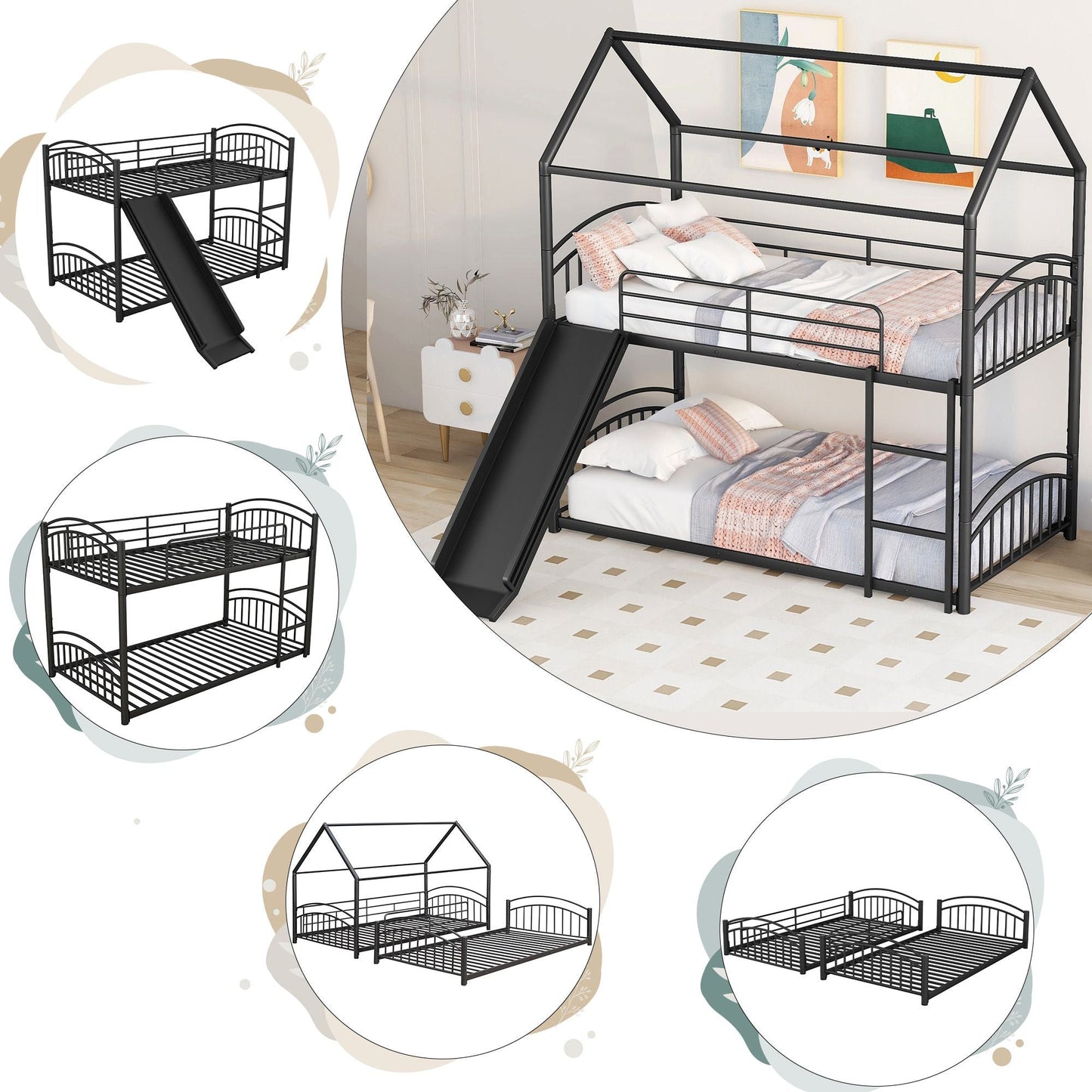 Kids Bedroom Twin Over Twin Metal Bunk Bed with Slide, Black | Just Better Bunk Beds