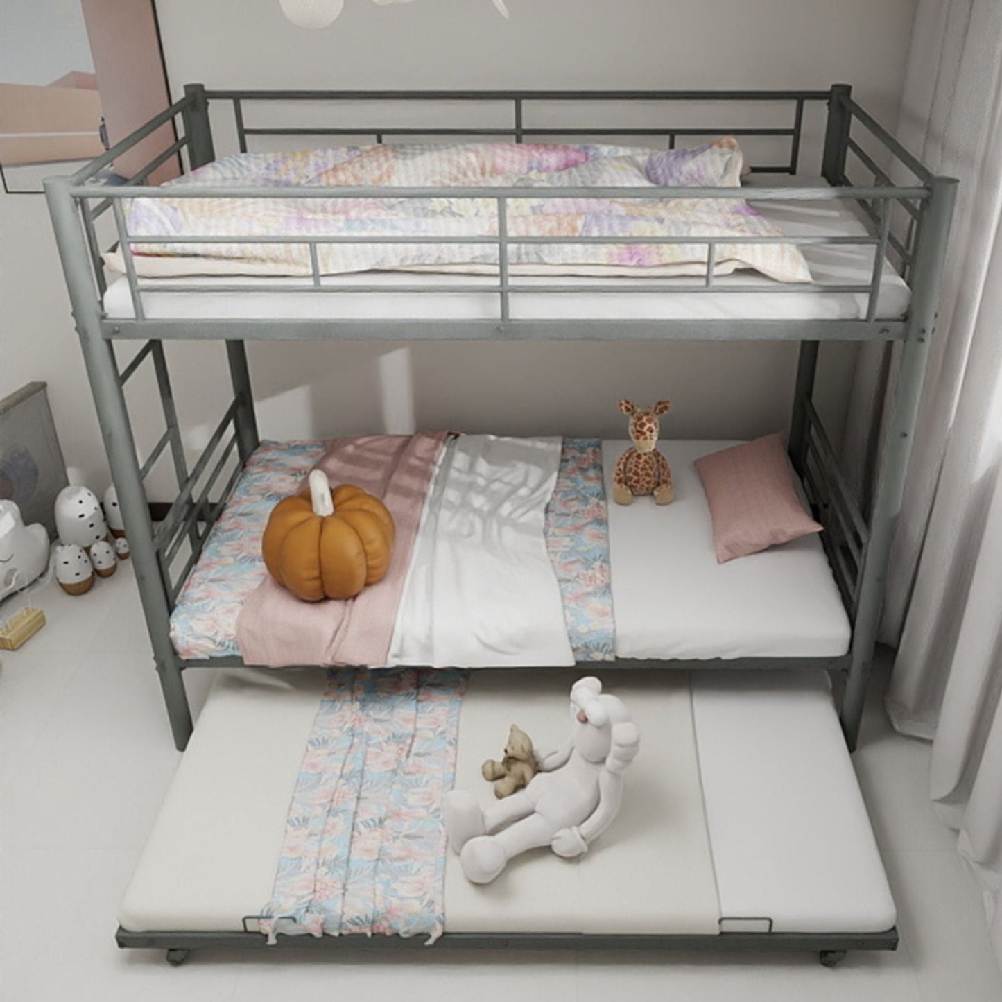 Heavy-Duty Twin Over Twin Wood Bunk Bed with Safety Guardrail, Noise Reduced, Silver | Just Better Bunk Beds