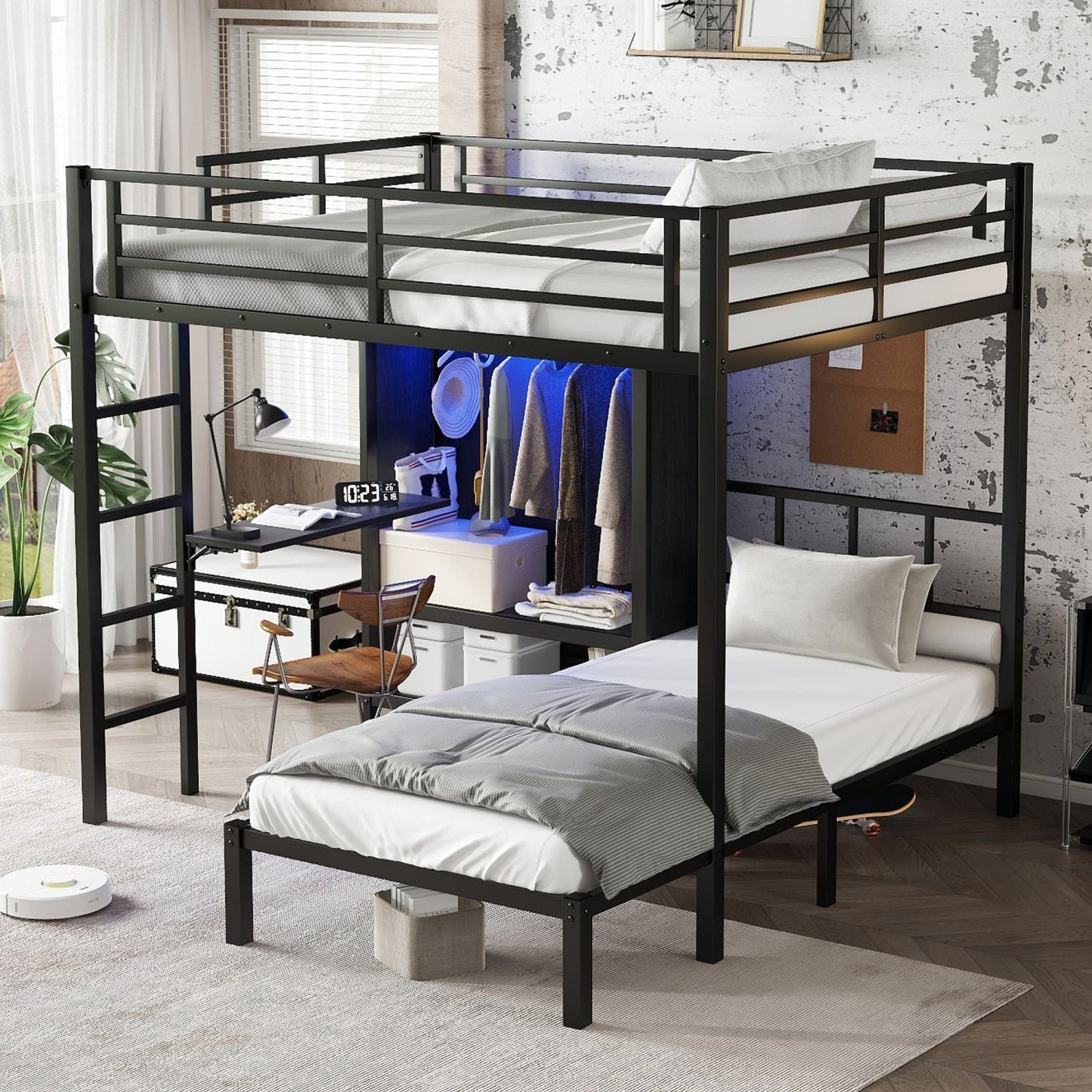 Space-Saving Full XL Over Twin Metal Bunk Bed with Folding Desk and LED Closet, Black | Just Better Bunk Beds