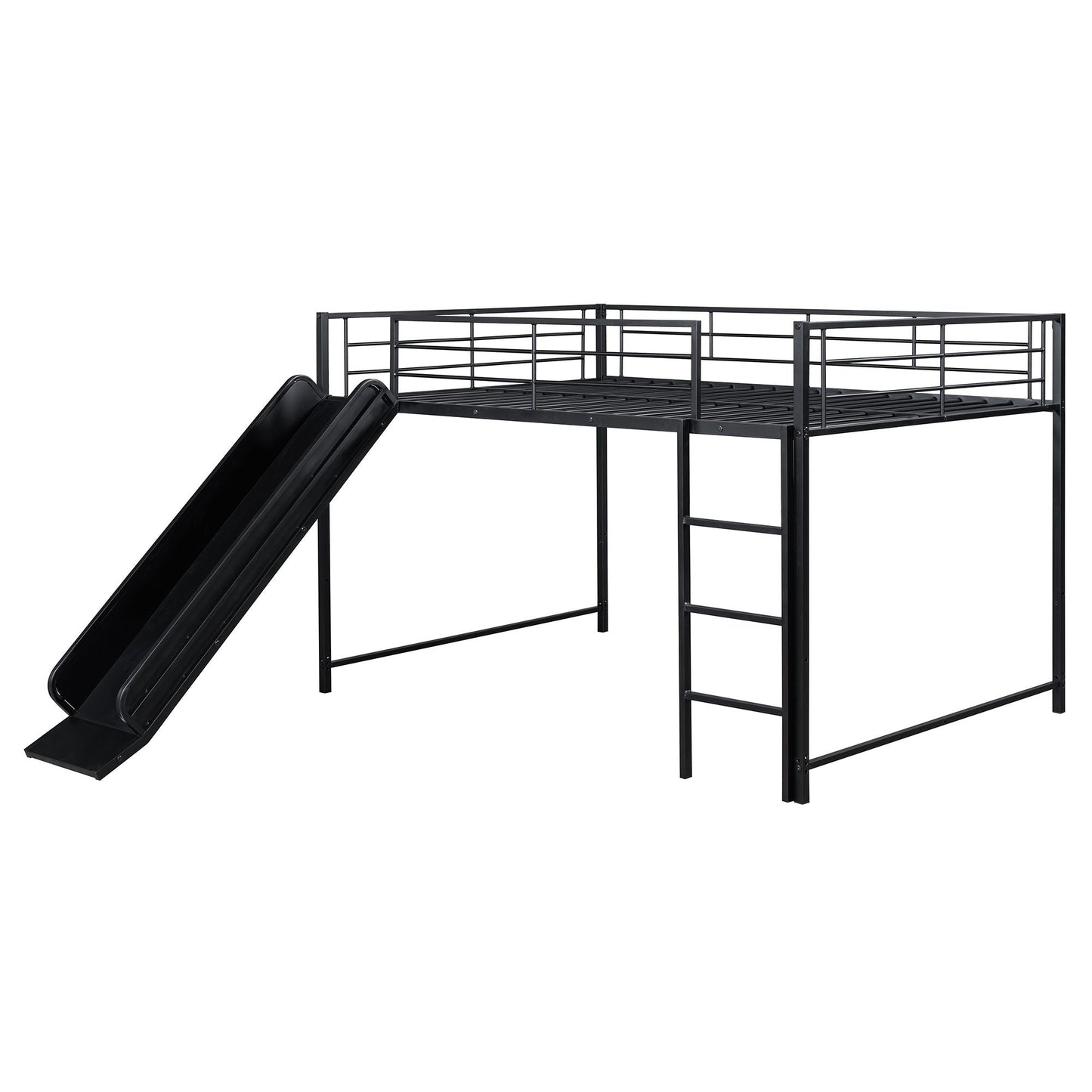 Full over Full Size Metal Bunk Bed with Slide and Guardrails,  Black