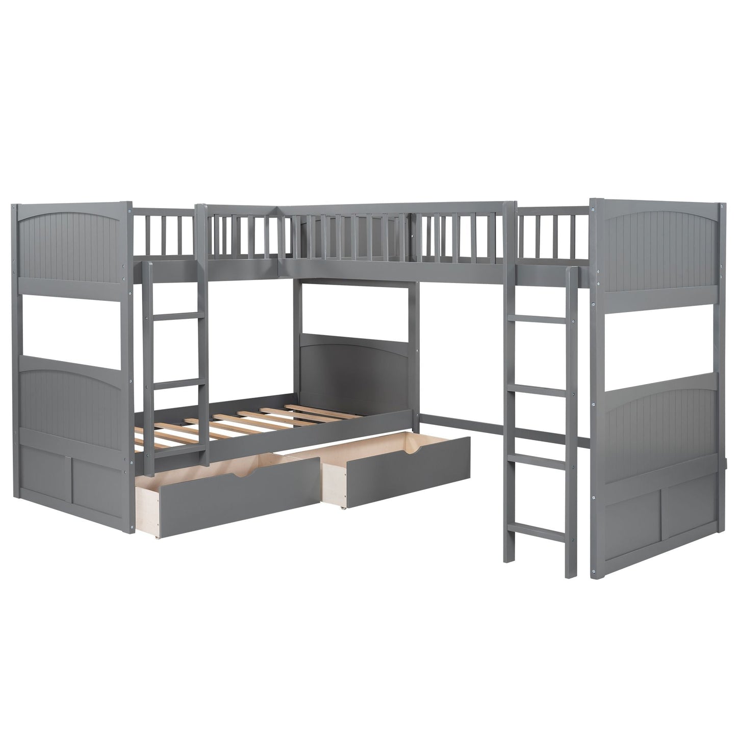 Space-Saving Twin Wood Bunk Bed with Loft and Two Drawers, Gray | Just Better Bunk Beds