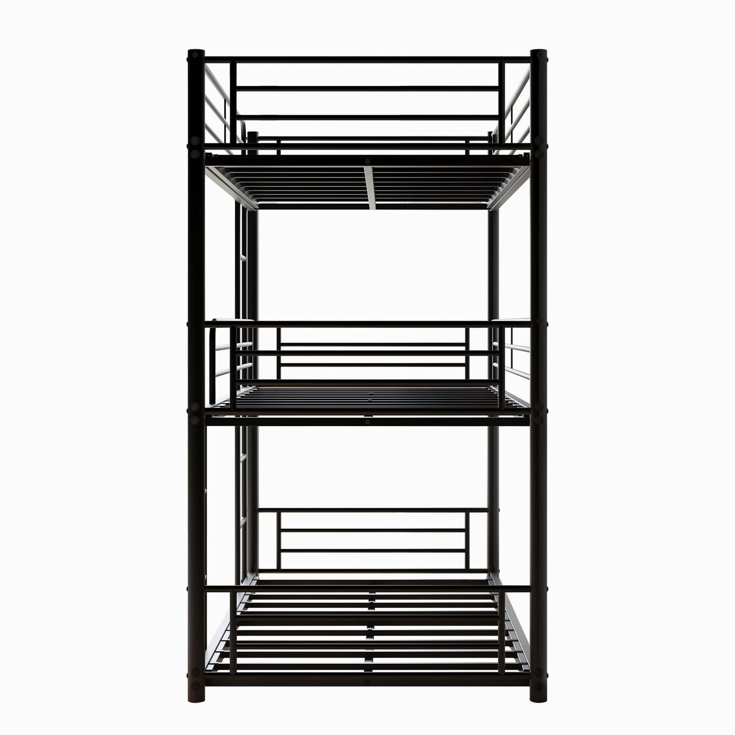 Heavy-Duty Triple Twin Over Twin Over Twin Metal Bunk Bed with Platform Frame and Guard Rail, Black | Just Better Bunk Beds