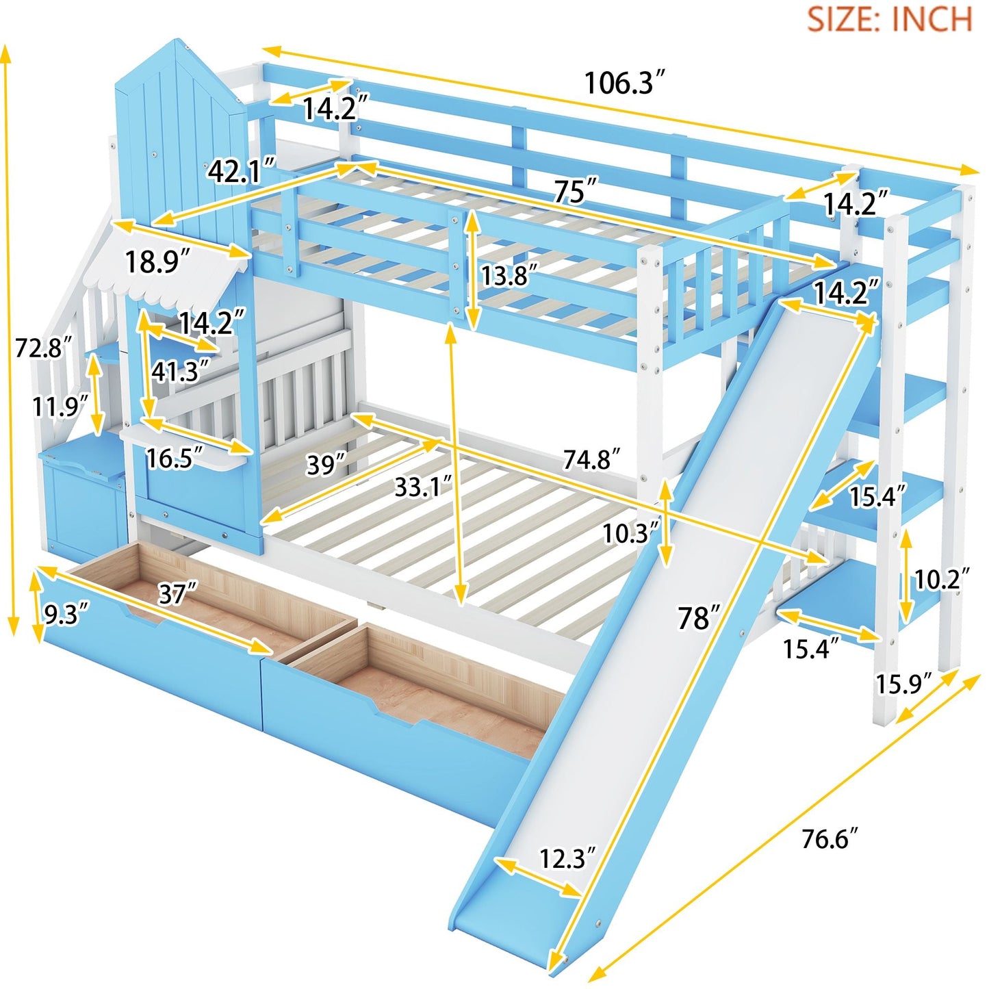 House-Style Twin Over Twin Wood Castle Bunk Bed with Drawers, Shelves, and Slide, Blue | Just Better Bunk Beds