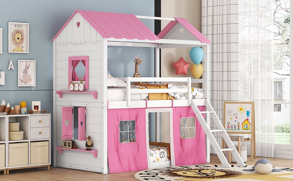 Kids Bedroom Twin Wood House-Style Bunk Bed with Elegant Windows, Sills and Tent, Pink and White | Just Better Bunk Beds