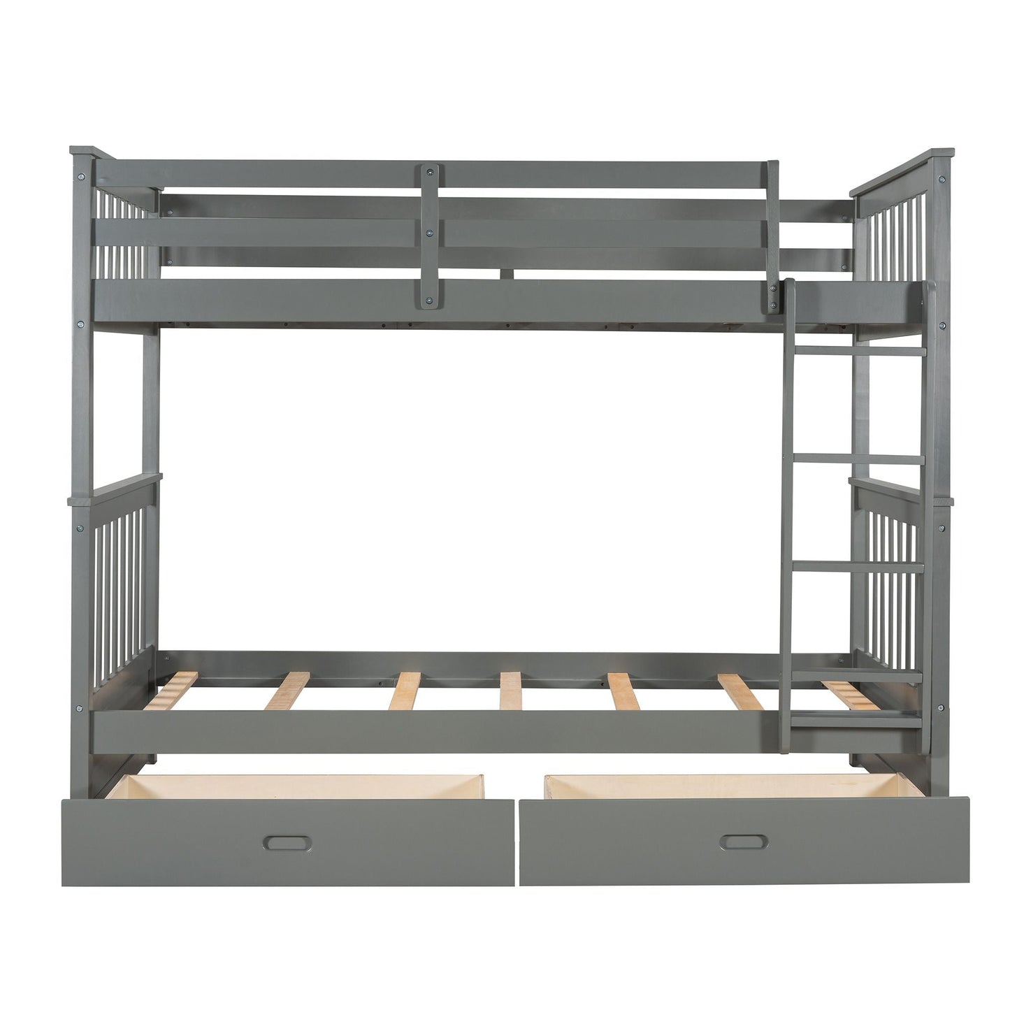Storage-Enhanced Twin Over Twin Wood Bunk Bed with Ladders, Two Drawers, White | Just Better Bunk Beds