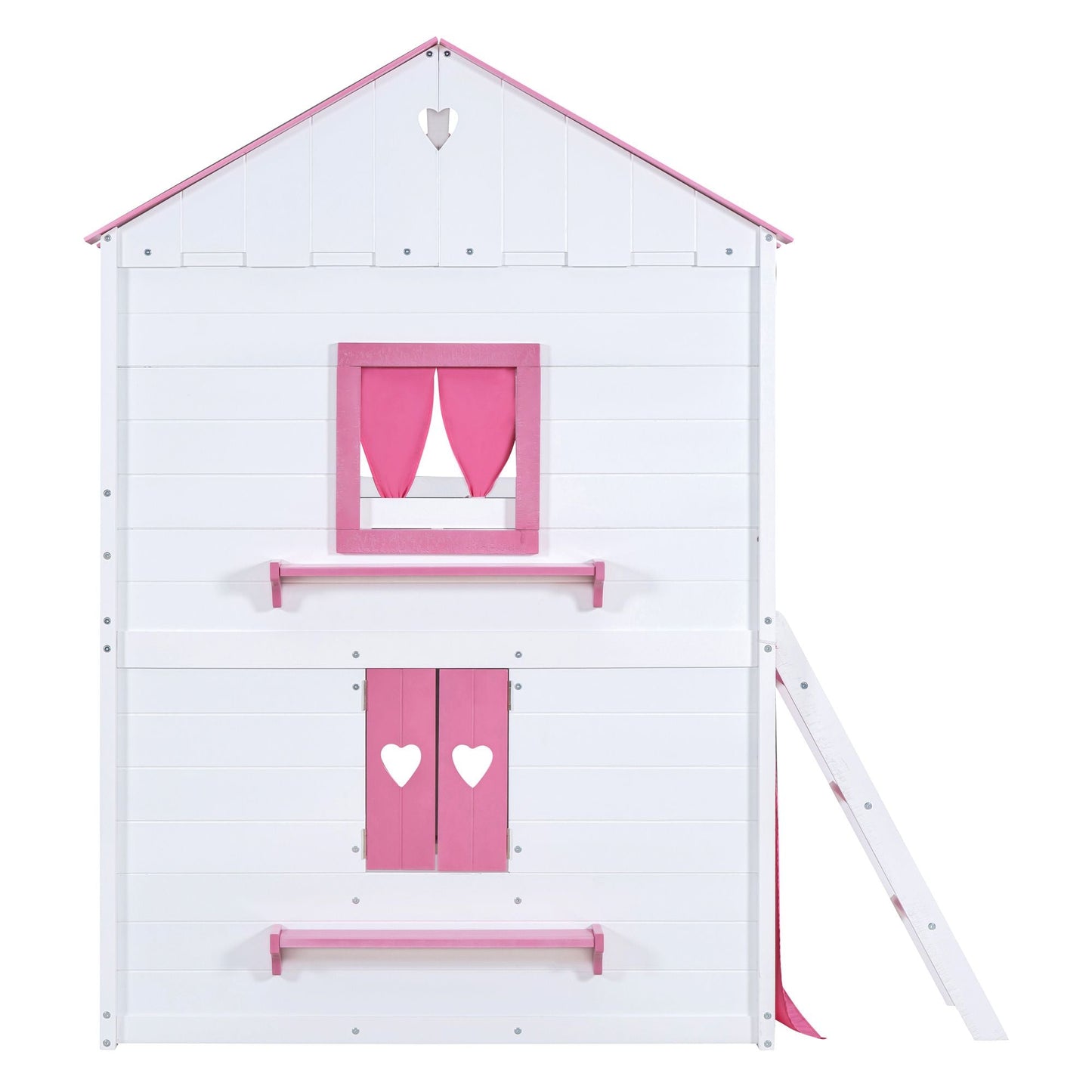 House-Style Full Wood Bunk Bed with Windows, Sills and Tent, Pink and White | Just Better Bunk Beds