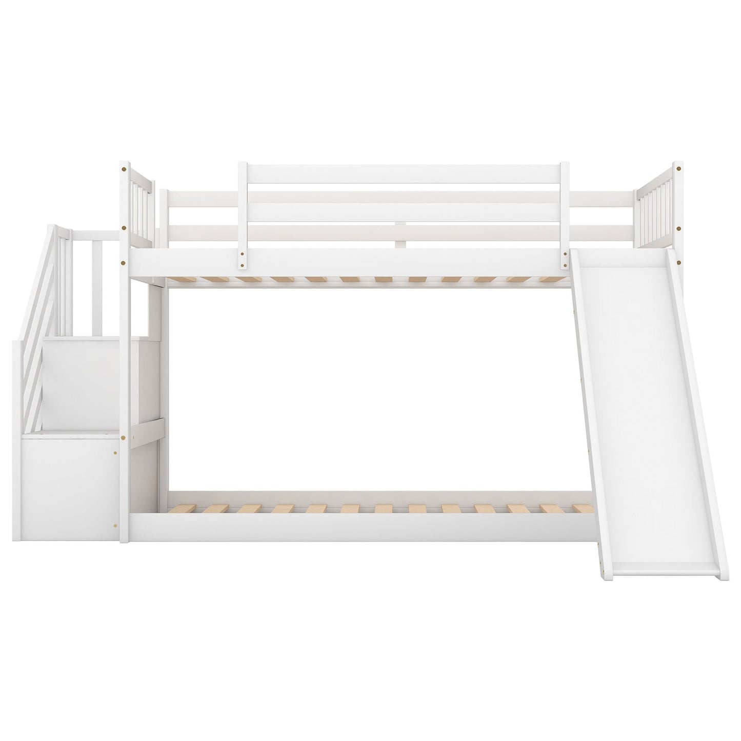 Convertible Twin Over Twin Wood Bunk Bed with Slide and Stairway, White | Just Better Bunk Beds