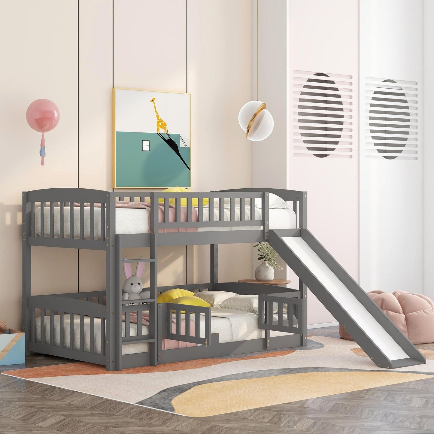 Kids Bedroom Twin Over Twin Wood Low Bunk Bed with Slide, Fence and Ladder, White | Just Better Bunk Beds