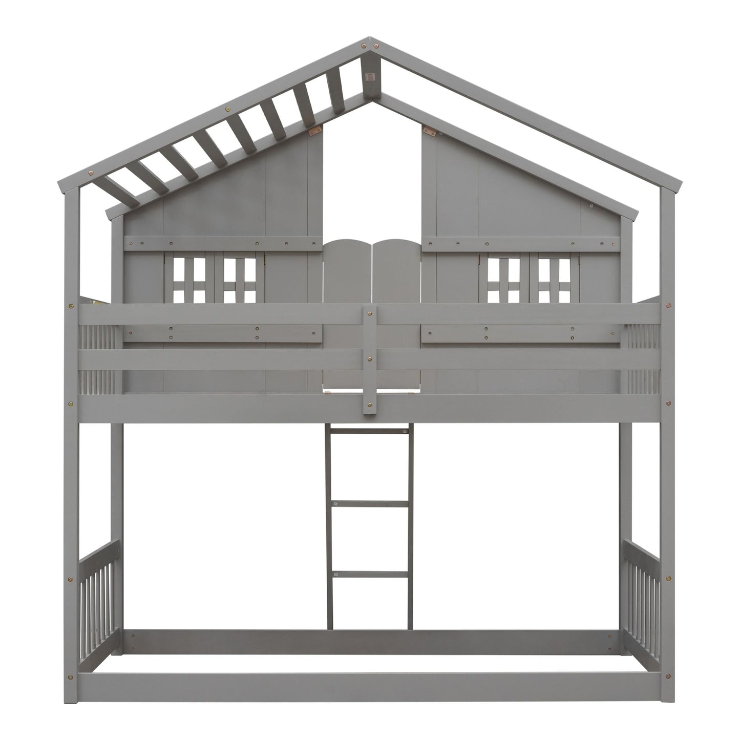 House-Style Twin Over Twin Wood Bunk Bed with Roof, Window, Door, and Ladder, Multiple Colors | Just Better Bunk Beds