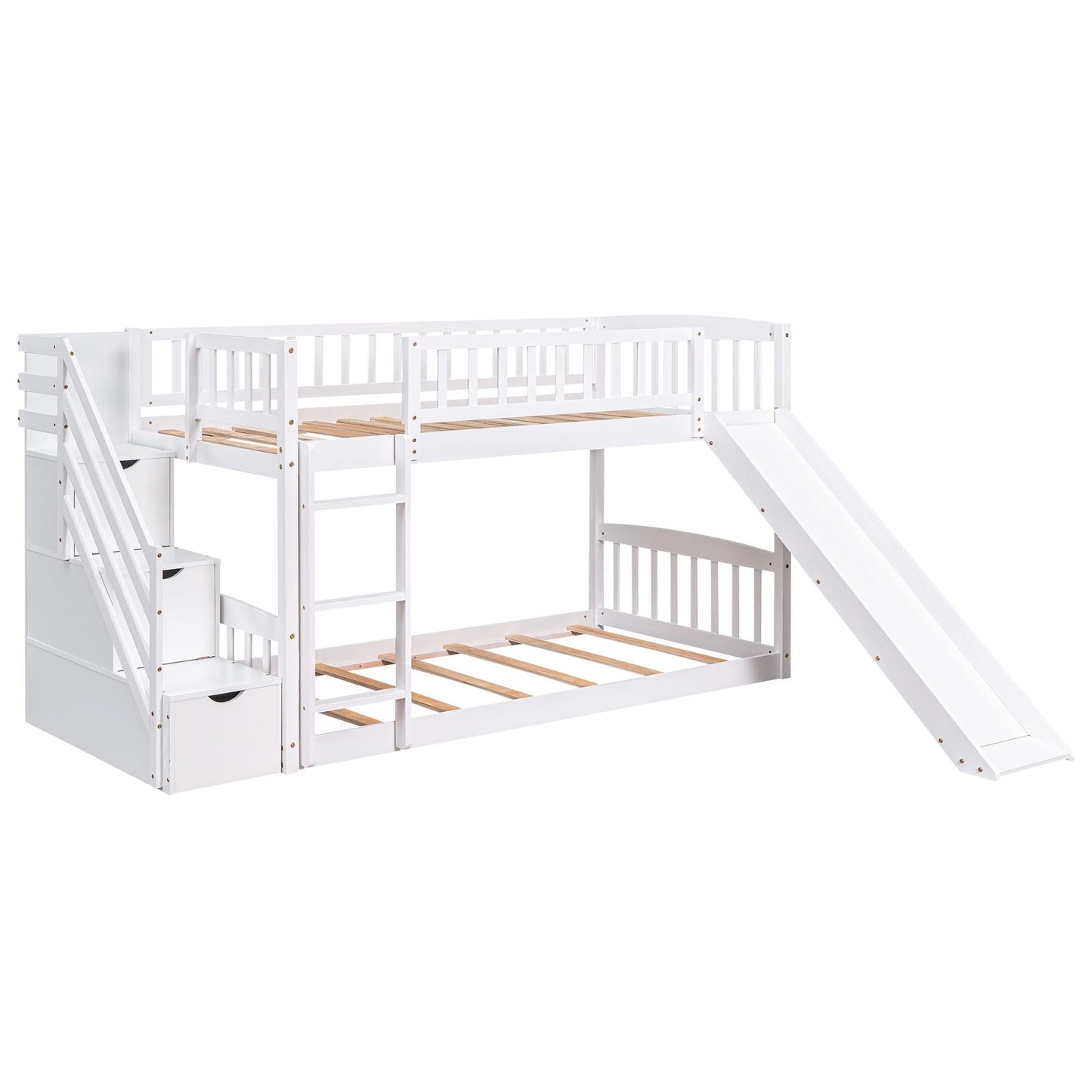 Stairway Twin over Twin Bunk Bed with Two Drawers and Slide,  White