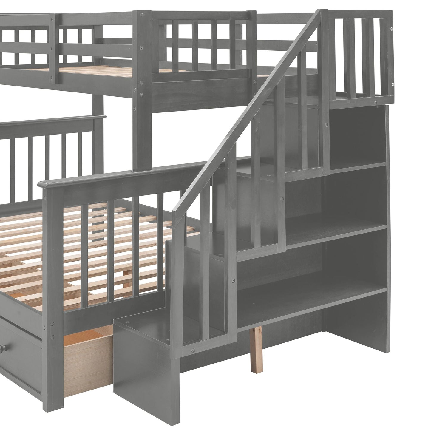 Staircase Storage Twin Over Full Wood Bunk Bed with Drawer, Storage, and Guard Rail, Gray | Just Better Bunk Beds