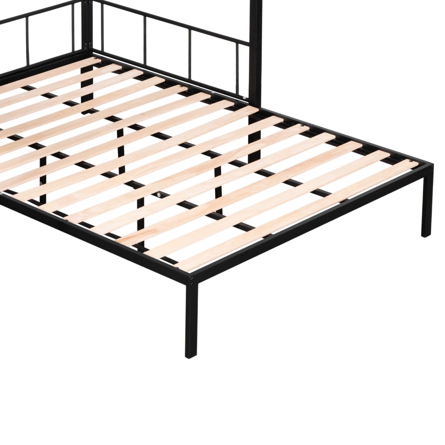 Heavy-Duty Twin Over Full Metal and Wood Bunk Bed with Shelves, Grid Panel, and Noise-Free Wood Slats, Black | Just Better Bunk Beds