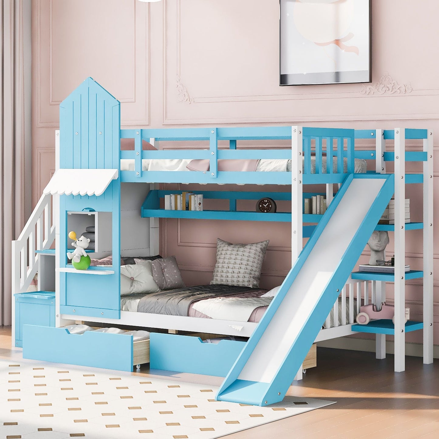 House-Style Twin Over Twin Wood Bunk Bed with 2 Drawers, 3 Shelves, and Slide, Blue | Just Better Bunk Beds