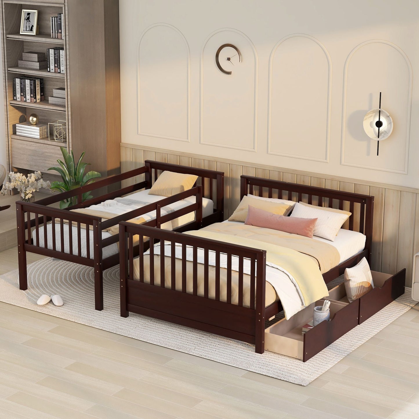 Heavy-Duty Twin Over Full Wood Bunk Bed with Ladder and Two Storage Drawers, Espresso | Just Better Bunk Beds