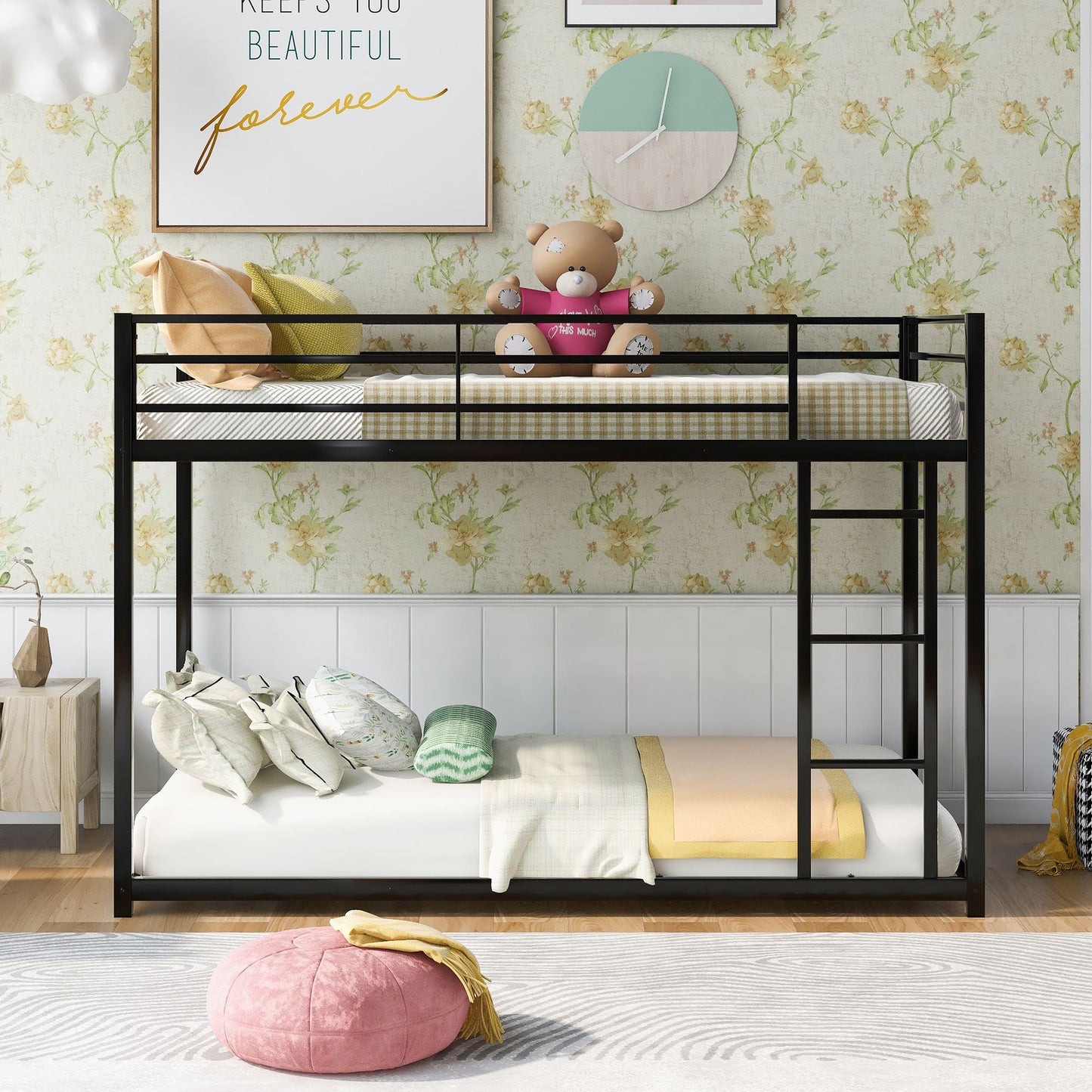 Low Profile Twin Over Twin Metal Bunk Bed with Ladder, White | Just Better Bunk Beds