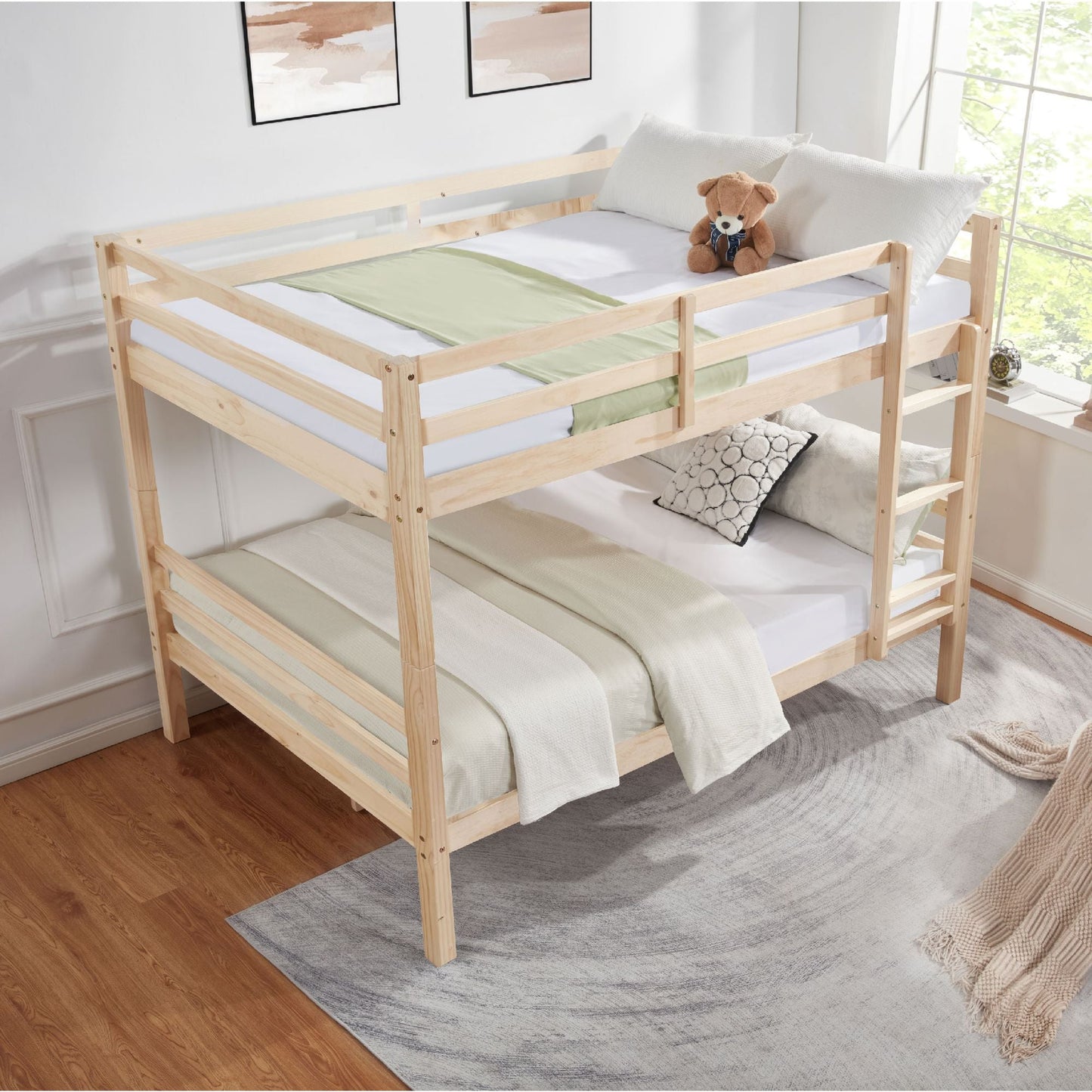 Heavy-Duty Full Over Full Wood Bunk Bed with Thick Posts, High Guardrail, Ladder, Natural | Just Better Bunk Beds