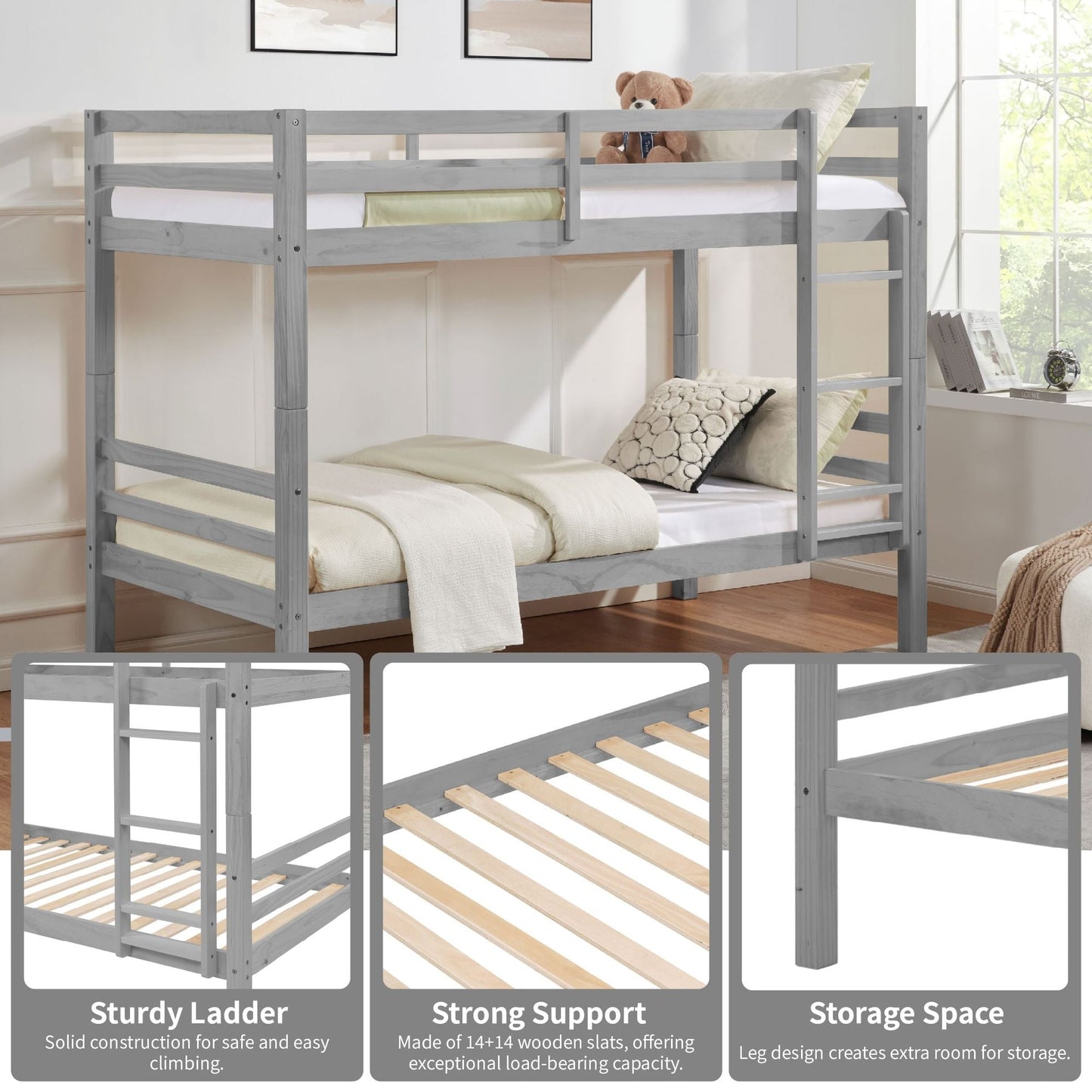 Heavy-Duty Twin Over Twin Wood Bunk Bed, Gray with Thick Posts, Ladder, and High Guardrail | Just Better Bunk Beds