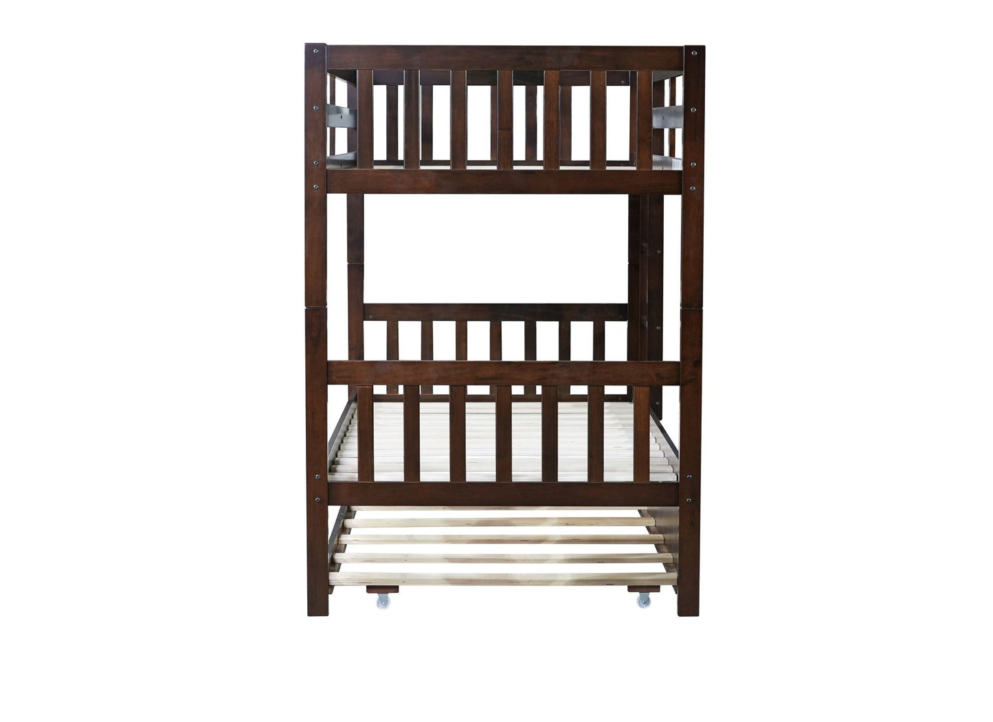 Convertible Twin Over Twin Rubber Wood Bunk Bed with Trundle, Ladder and Safety Guardrails, Espresso | Just Better Bunk Beds