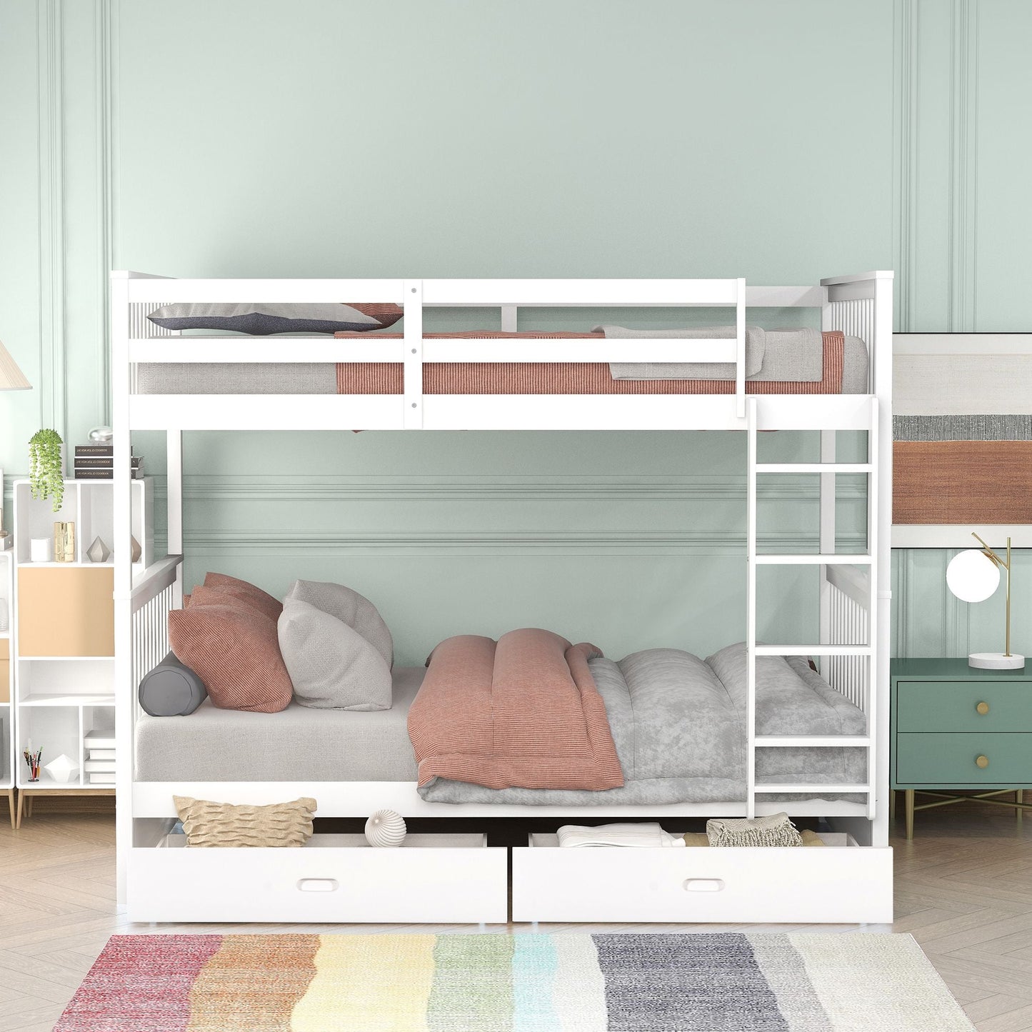 Storage-Enhanced Twin Over Twin Wood Bunk Bed with Ladders, Two Drawers, White | Just Better Bunk Beds