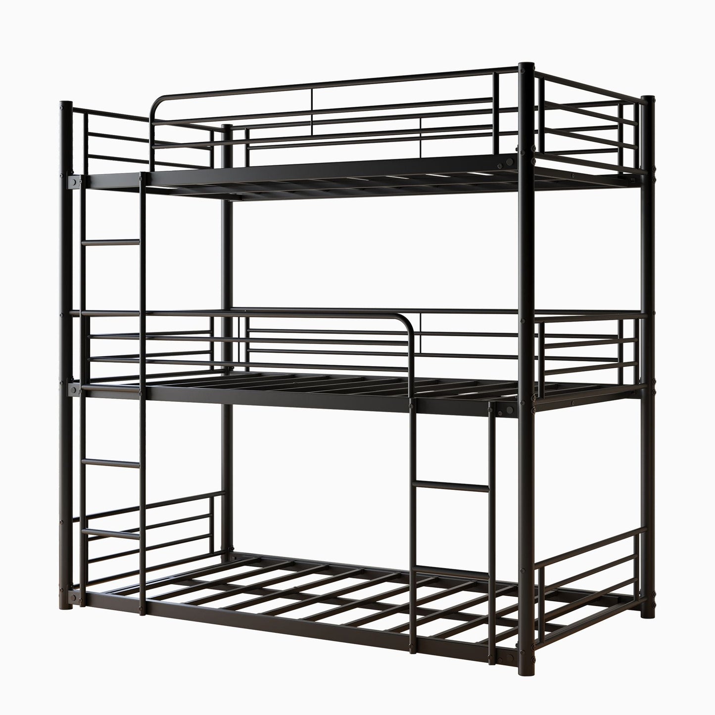 Heavy-Duty Triple Twin Over Twin Over Twin Metal Bunk Bed with Platform Frame and Guard Rail, Black | Just Better Bunk Beds