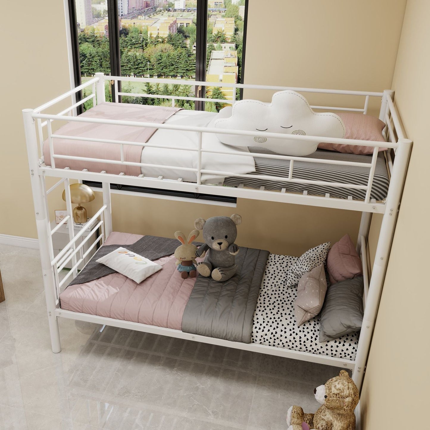 Convertible Twin Over Twin Metal Bunk Bed with Ladder and Guardrail, Metal | Just Better Bunk Beds