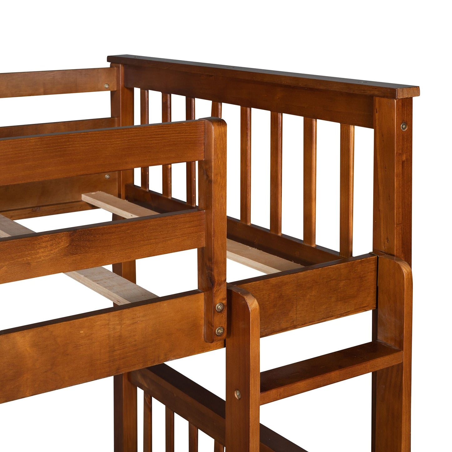 Organized Twin Over Twin Wood Bunk Bed with Ladders and Two Storage Drawers, Walnut | Just Better Bunk Beds