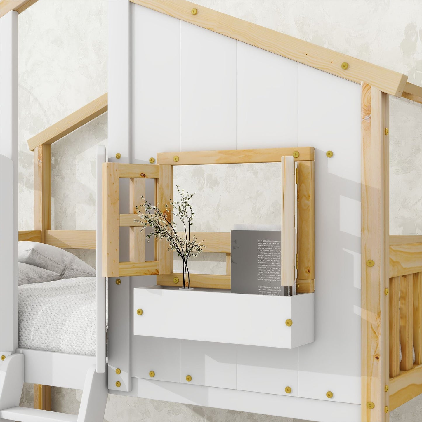 House-Style Twin Over Twin Wood Bunk Bed with Roof, Window, Door, and Ladder, Multiple Colors | Just Better Bunk Beds