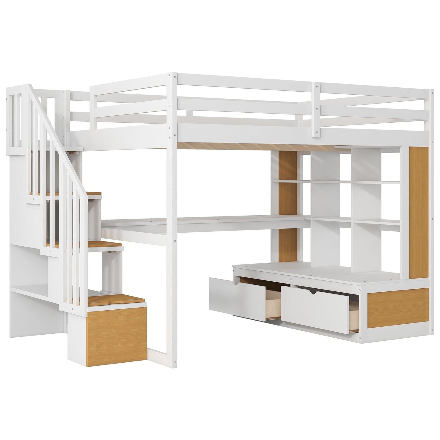 Space-Saving Full Wood Loft Bed with Desk, Shelves, Drawers, Storage Staircase, White and Natural | Just Better Bunk Beds