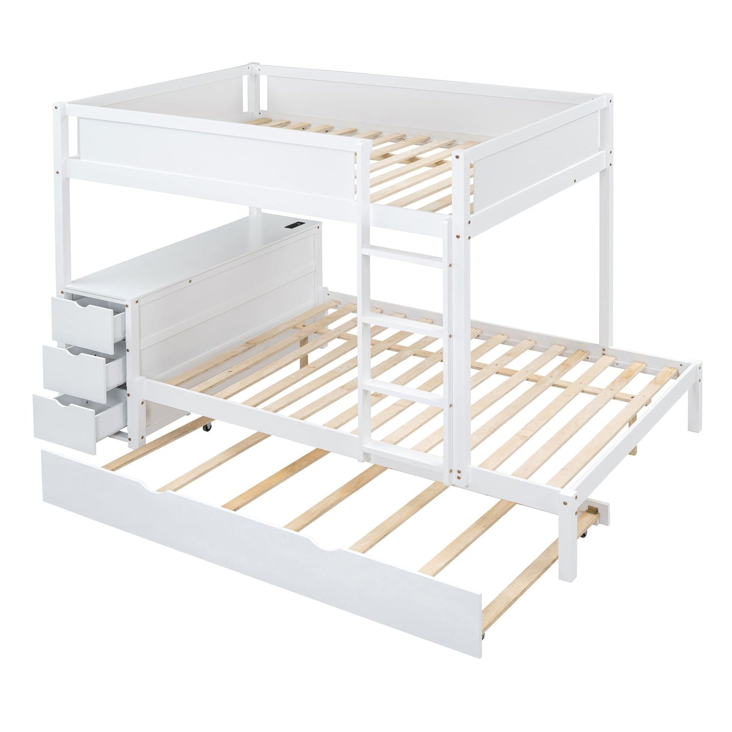 Multi-Functional Full Over Full Wood Bunk Bed with Twin Trundle, Storage, Desk, White | Just Better Bunk Beds