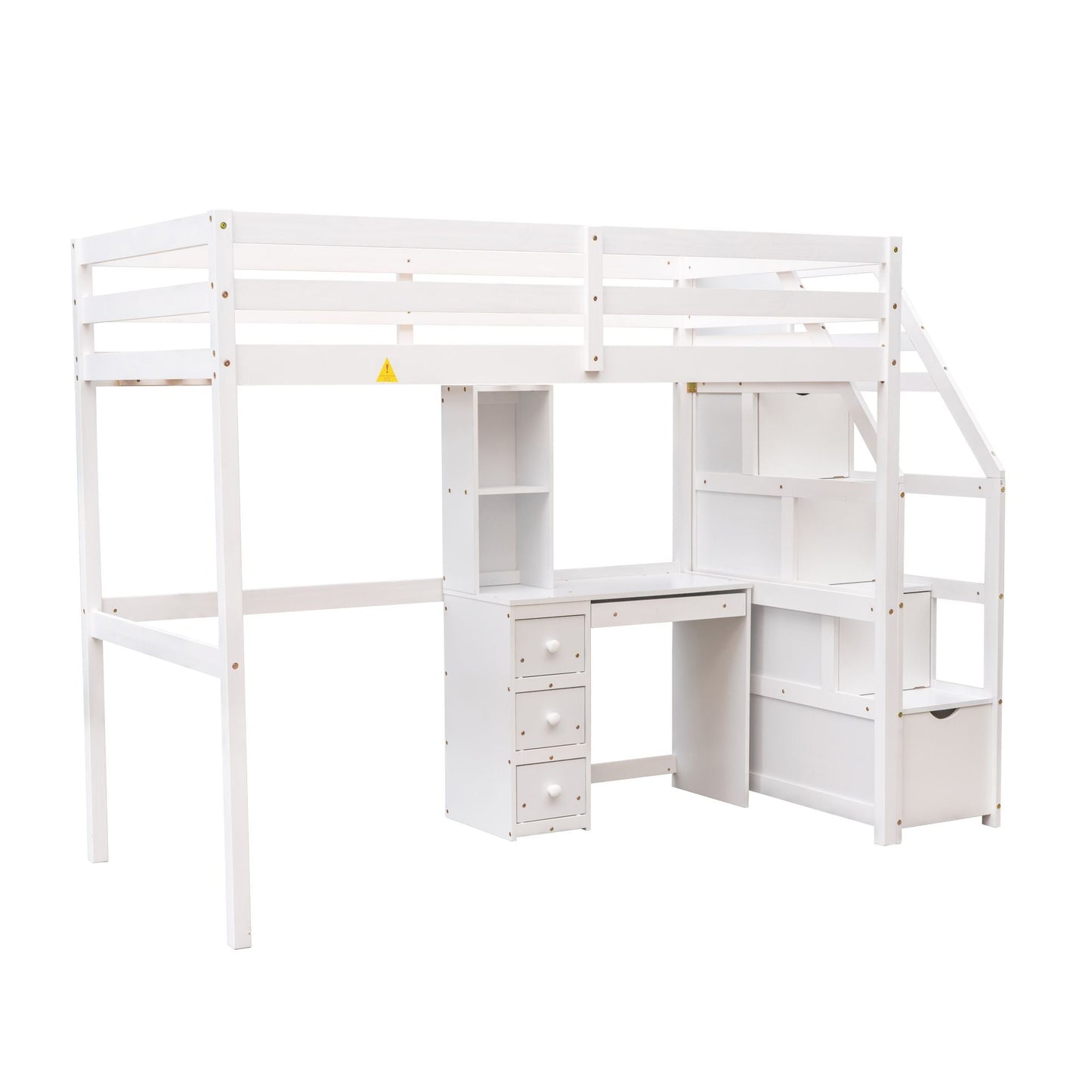 Space-Saving Twin Wood Loft Bed with Stand-Alone Bed, Storage Staircase, Desk, Shelves and Drawers, White | Just Better Bunk Beds