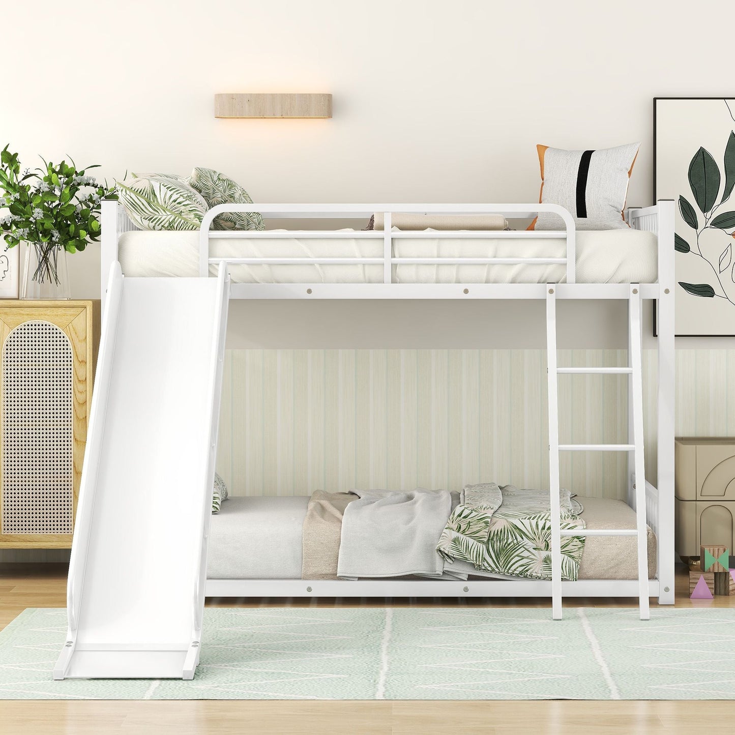 Space-Saving Metal Bunk Bed with Slide Twin Over Twin, White | Just Better Bunk Beds