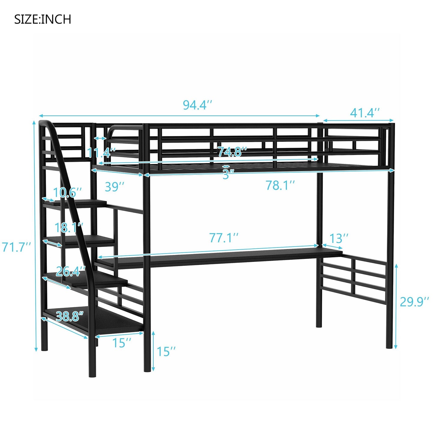 Space-Saving Twin Metal Loft Bed Frame with Desk, Black | Just Better Bunk Beds
