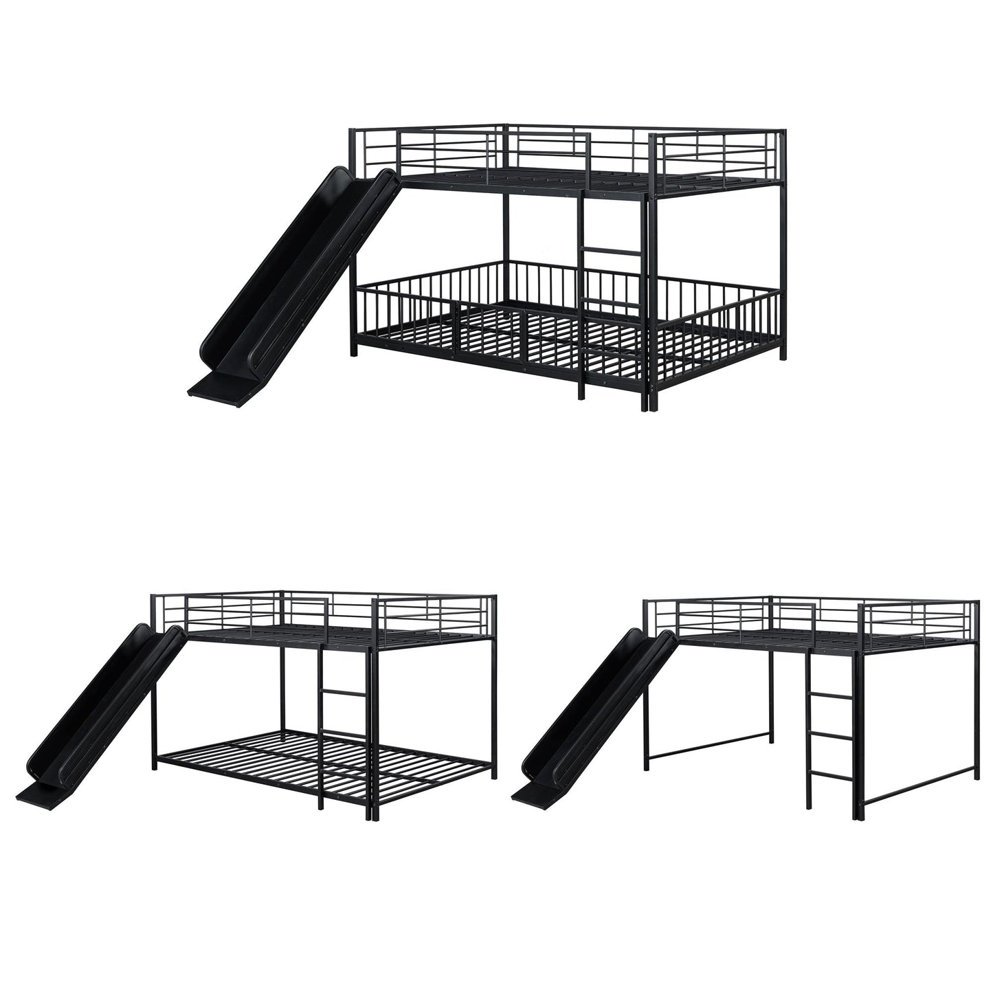 Full over Full Size Metal Bunk Bed with Slide and Guardrails,  Black