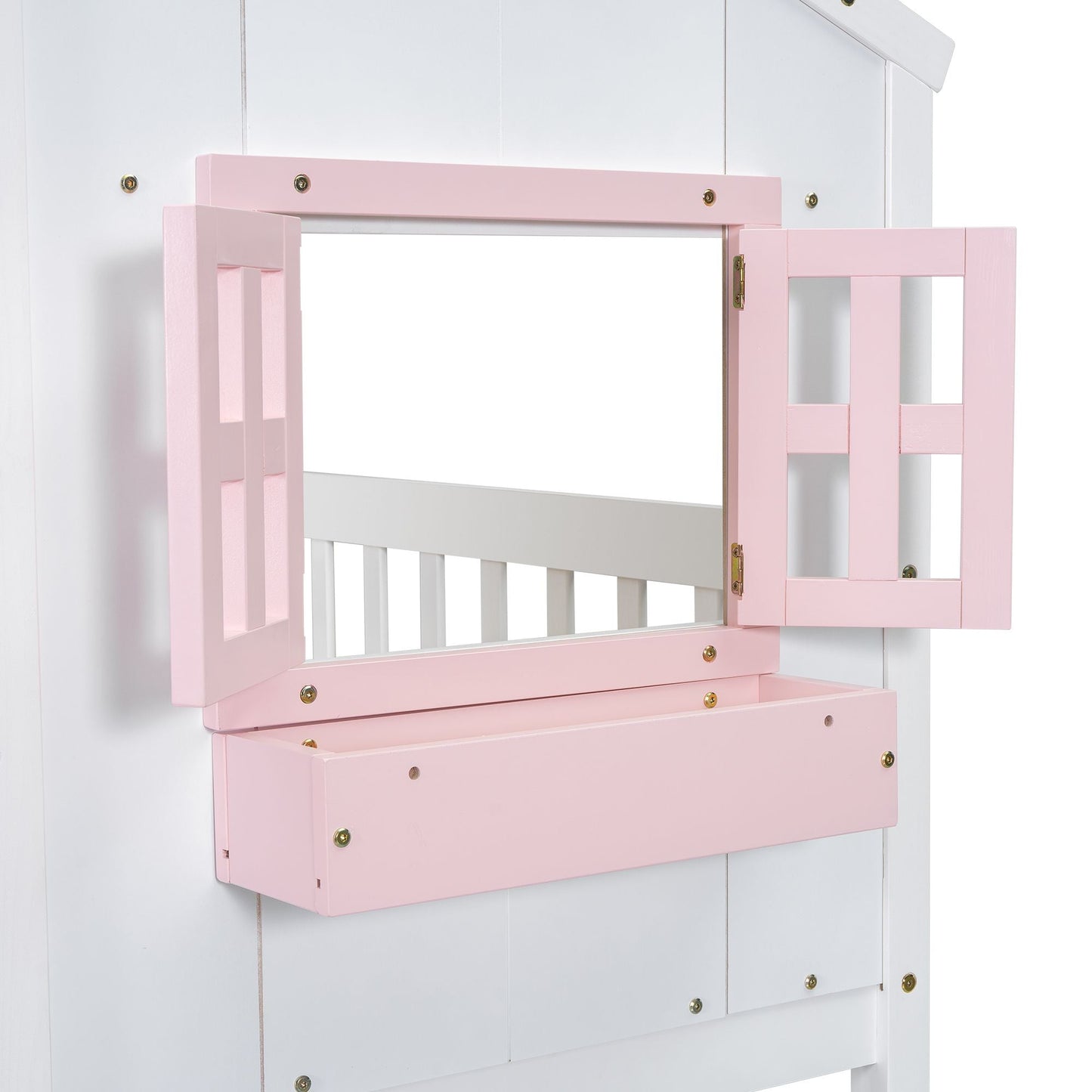 House-Style Twin Over Twin Wood Bunk Bed with Roof, Window, Door, and Ladder, Multiple Colors | Just Better Bunk Beds