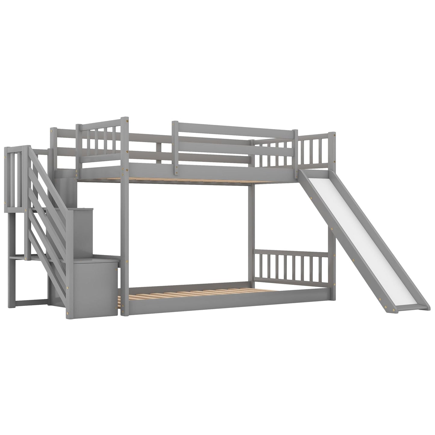 Convertible Twin Over Twin Wood Bunk Bed with Slide and Stairway, White | Just Better Bunk Beds