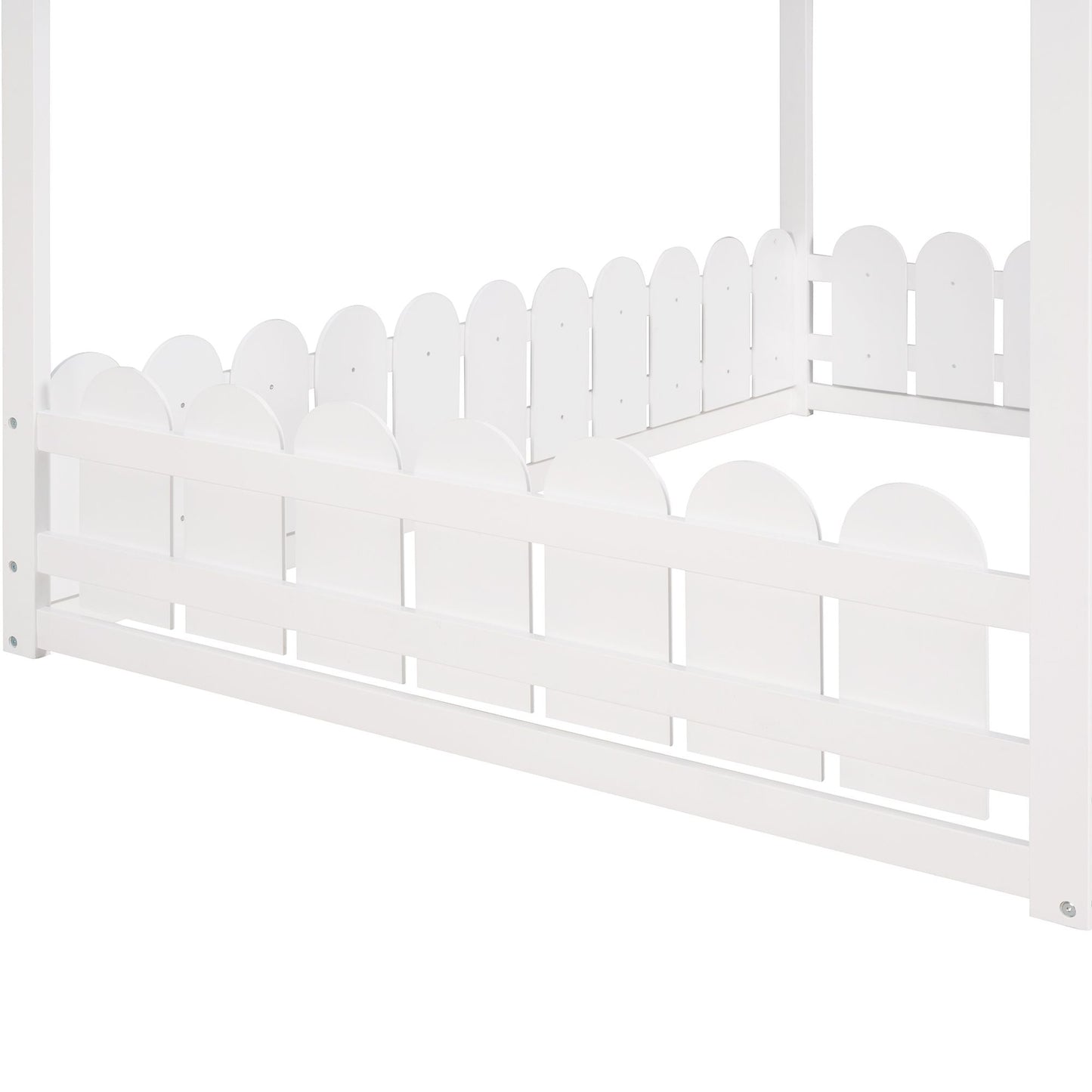 Kids Bedroom Full Wood Bed Frame with Protective Fence, White | Just Better Bunk Beds