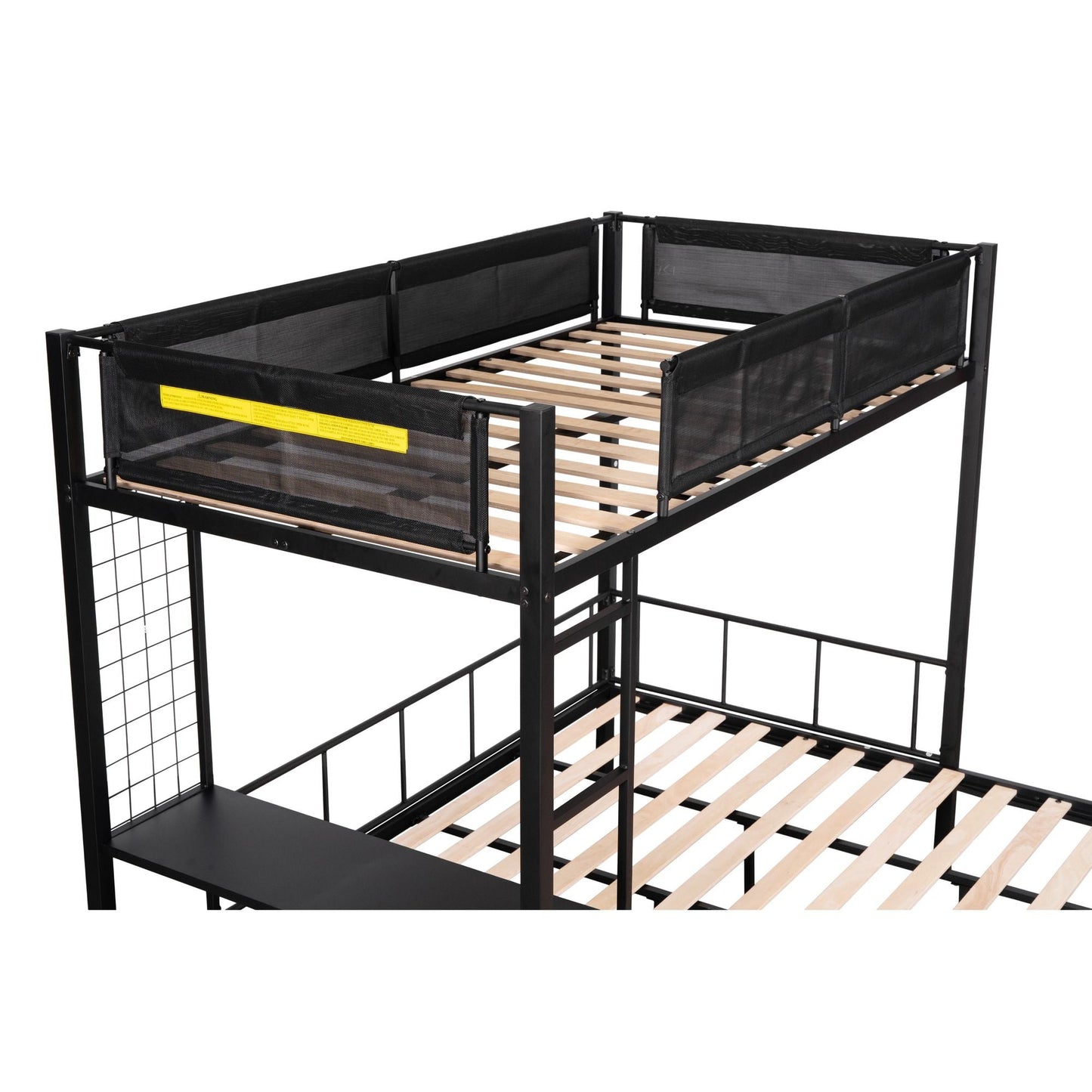 Heavy-Duty Twin Over Full Metal and Wood Bunk Bed with Shelves, Grid Panel, and Noise-Free Wood Slats, Black | Just Better Bunk Beds