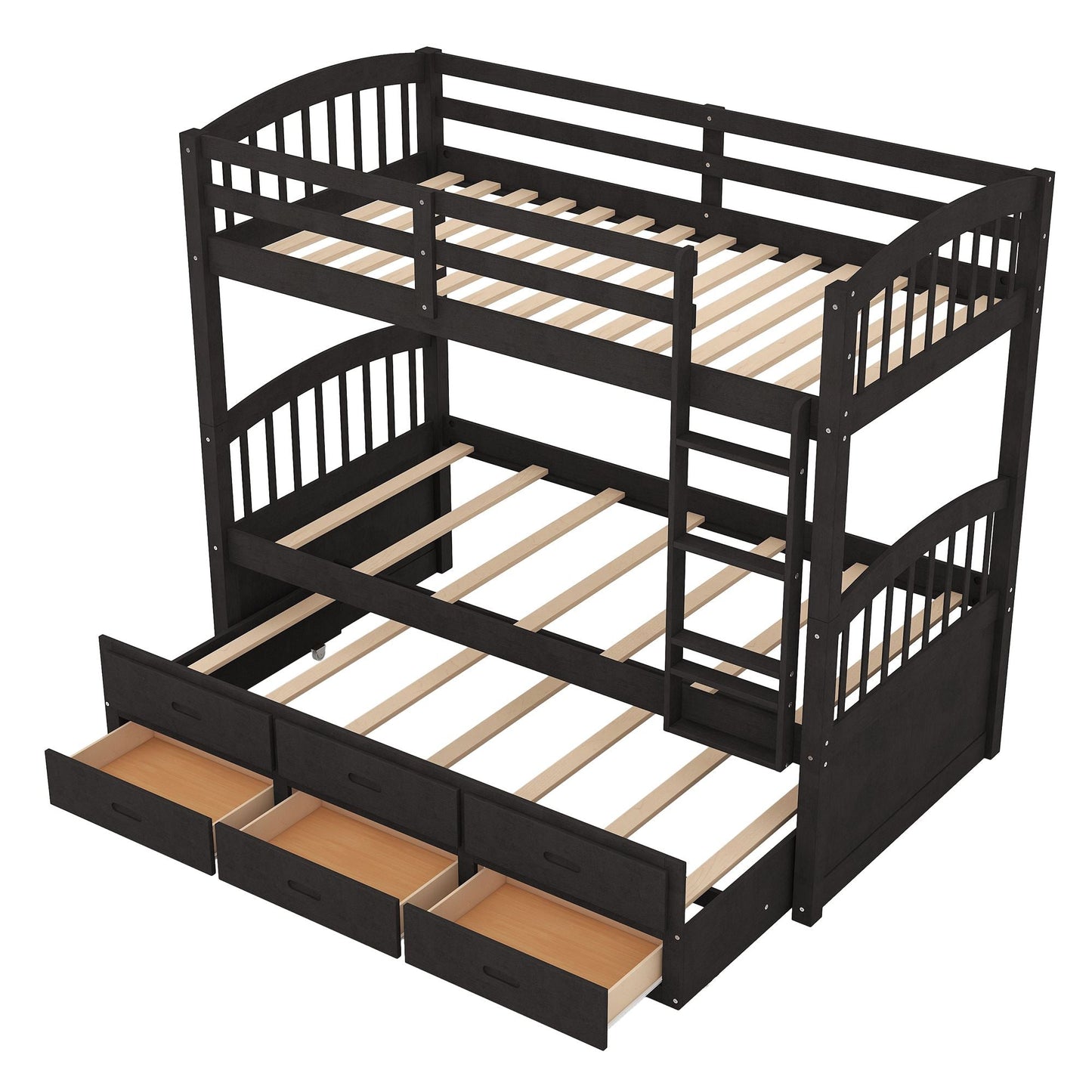 Shared Room Solution Twin Over Twin Wood Bunk Bed with Trundle and Drawers, Espresso | Just Better Bunk Beds