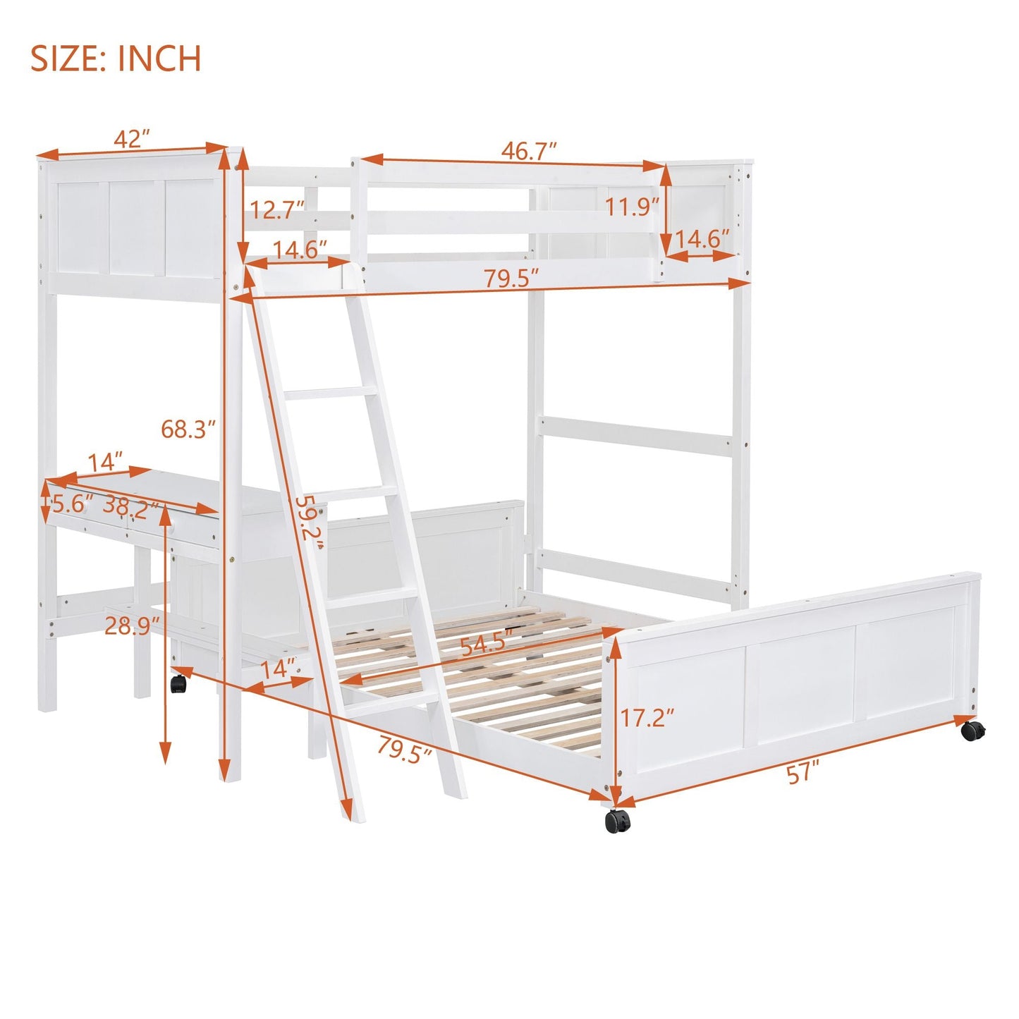 Study Space Twin Over Full Wood Bunk Bed with Desk, White | Just Better Bunk Beds