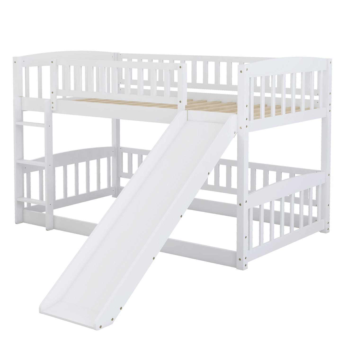 Safe Twin Over Twin Wood Low Bunk Bed with Slide, White with Fence and Ladder | Just Better Bunk Beds