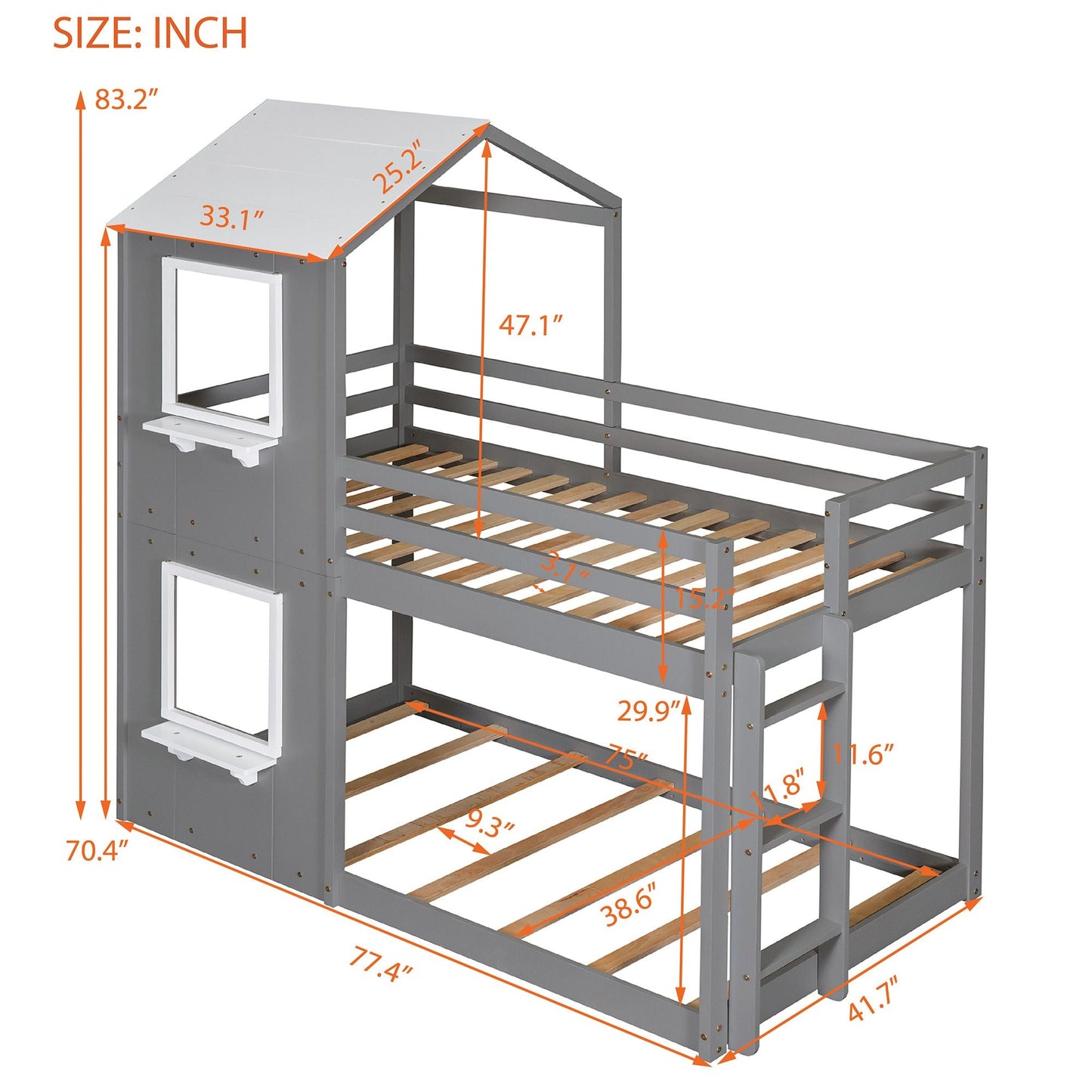 Twin Over Twin Bunk Bed Wood Bed with Roof,  Window,  Guardrail,  Ladder White