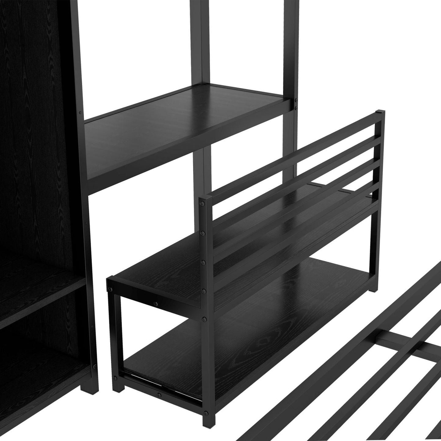 Shared Room Solution Queen Over Queen Metal Bunk Bed with Built-in Wardrobe, Desk, and Storage Chairs, Black | Just Better Bunk Beds